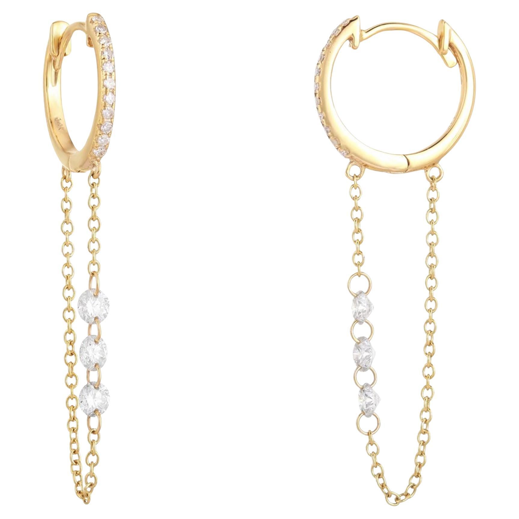 Linked Chain 14K (or 18k upon request) Yellow Gold Diamond Huggie Earrings For Sale