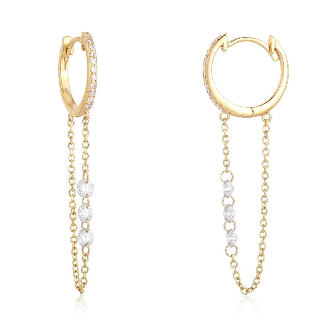 Modern Linked Chain 14K Yellow Gold Diamond Huggie Earrings For Sale