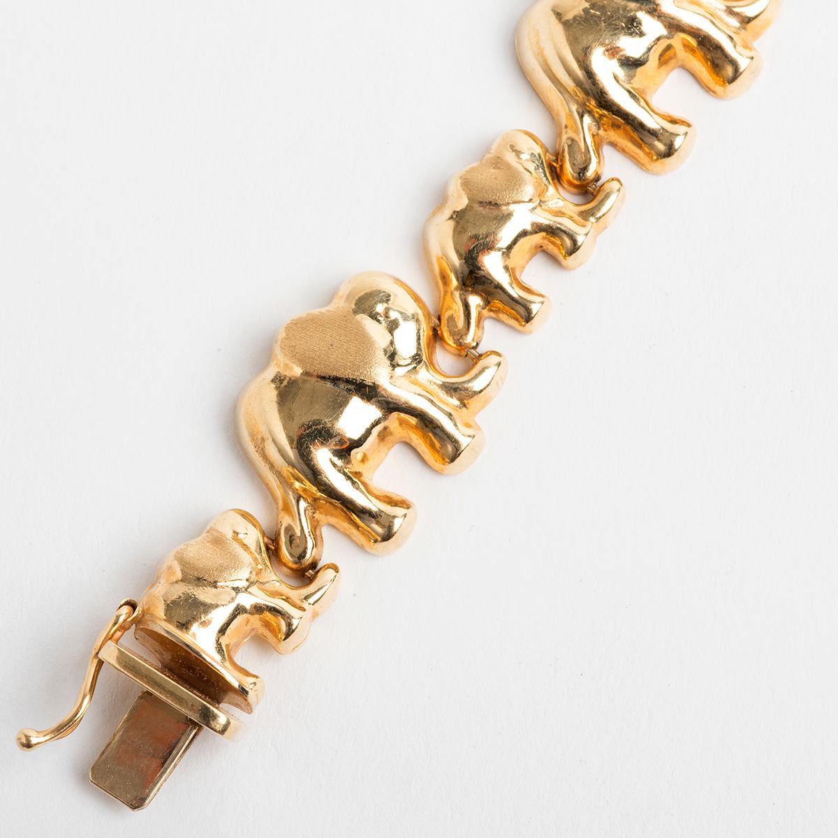 Women's or Men's Linked Elephants Bracelet, 14 Karat Yellow Gold, Vintage circa 1980s