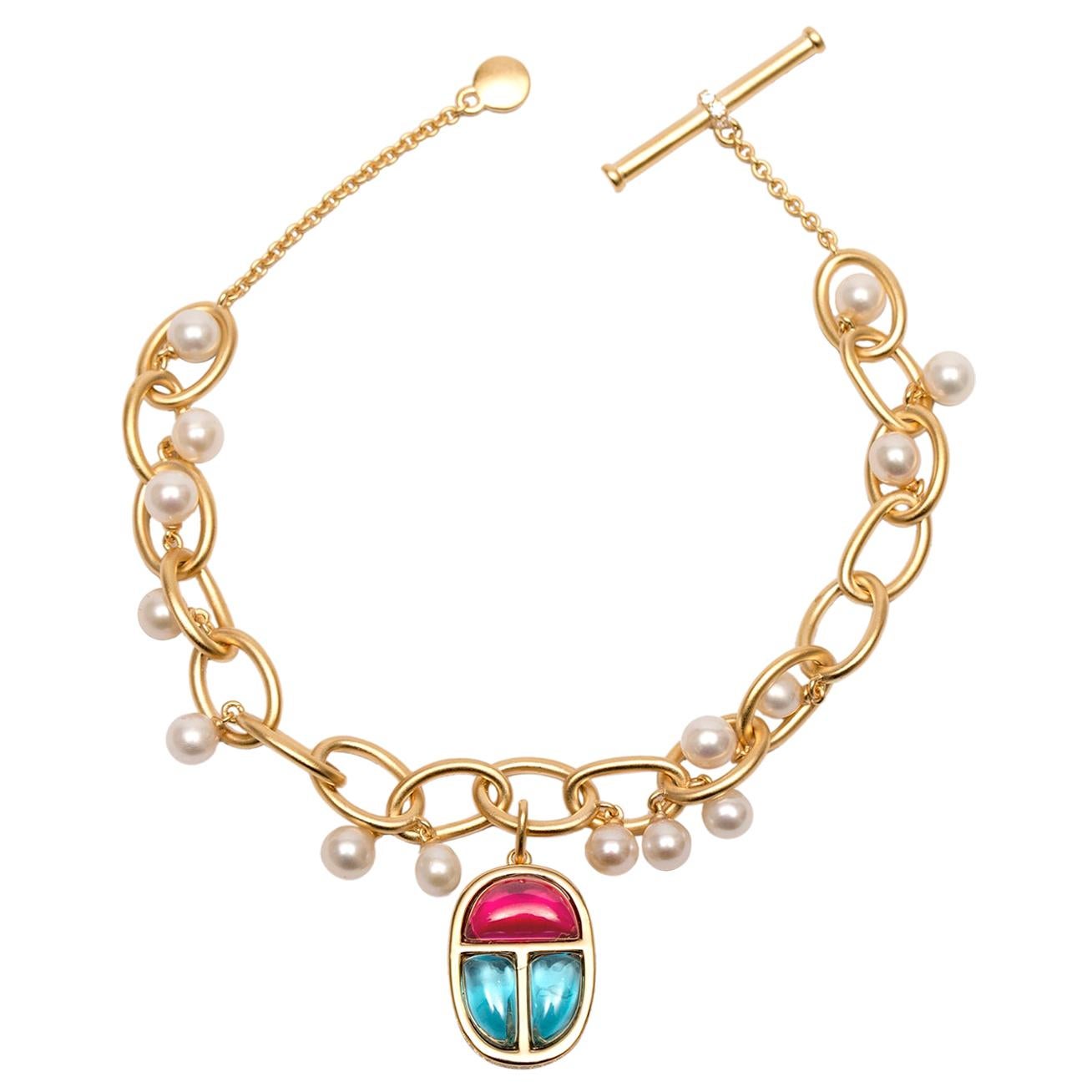 Links Bracelet Vermeil Gold with Scarab Amulet Charm and Pearls