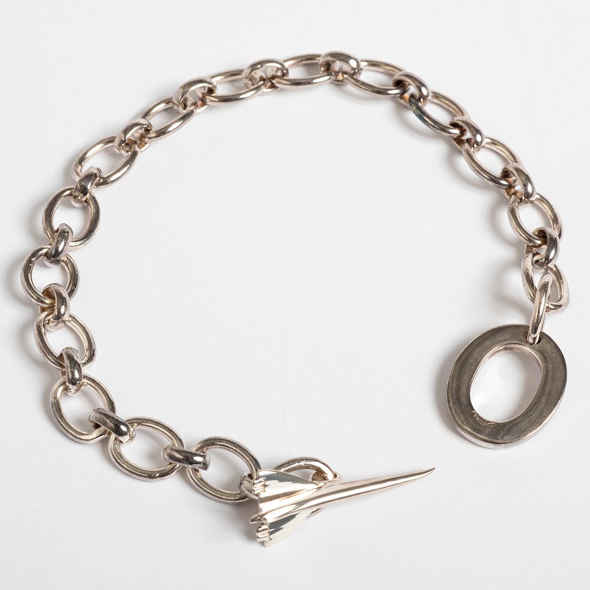 Our rare and attractive Links of London Concorde Charm bracelet features the popular Links of London bracelet in sterling silver, (hallmarked LL 925) with a Concorde as fastener. We understand these were available for purchase or gifted on Concorde