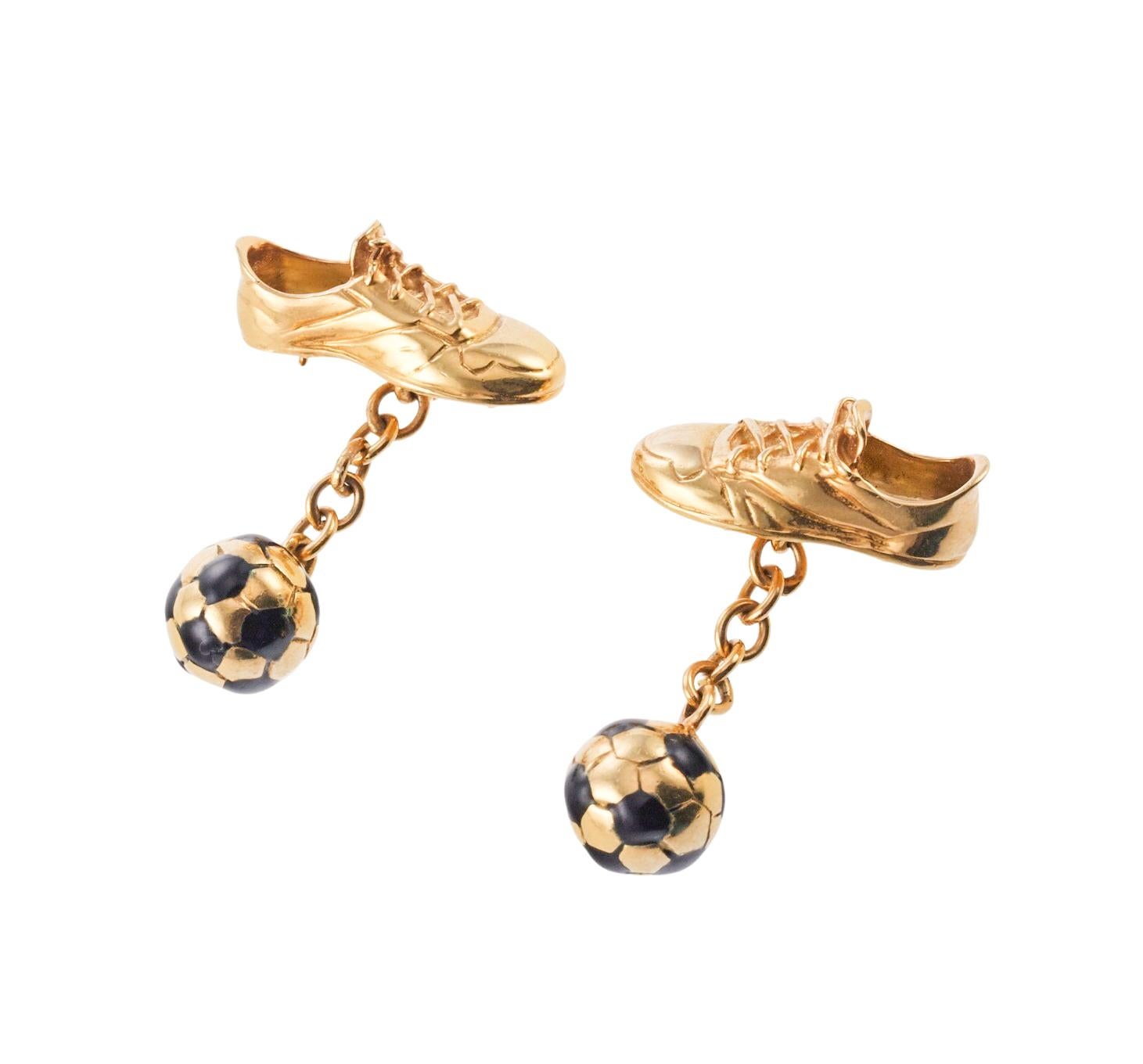 Contemporary Links of London Enamel Gold Soccer Sneakers and Ball Cufflinks For Sale
