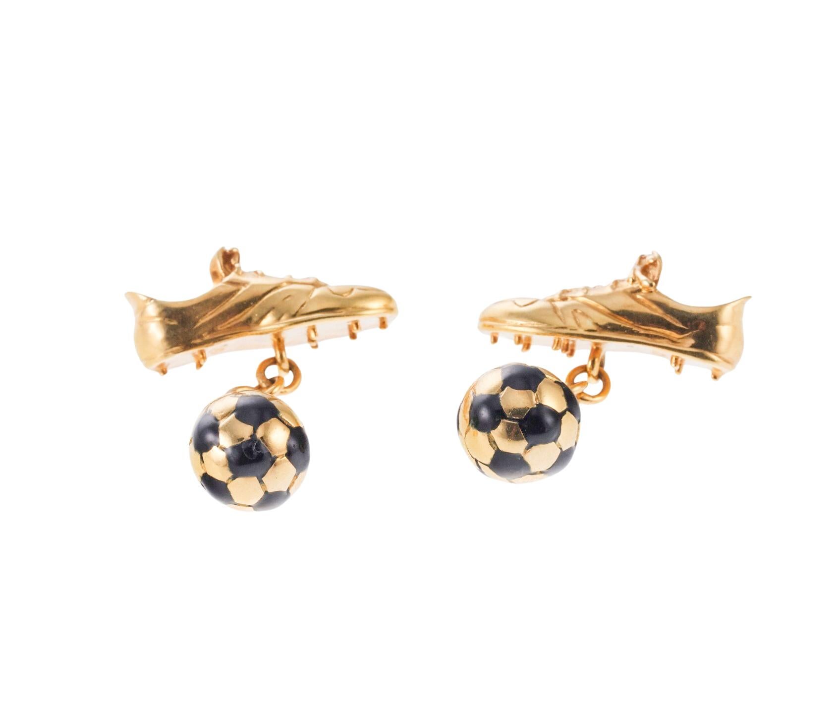 Men's Links of London Enamel Gold Soccer Sneakers and Ball Cufflinks For Sale