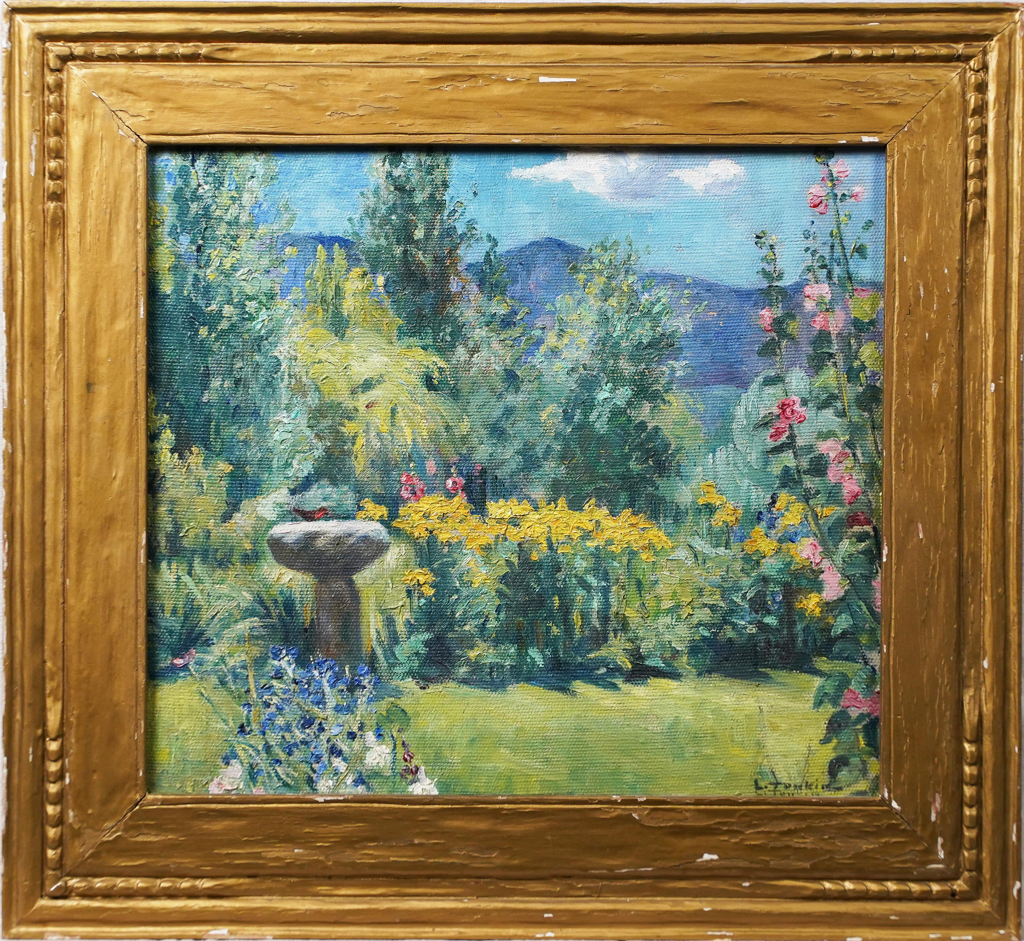 Pintura al óleo enmarcada Paisaje floral impresionista firmado por una artista tejana - Painting de Linley Tonkin