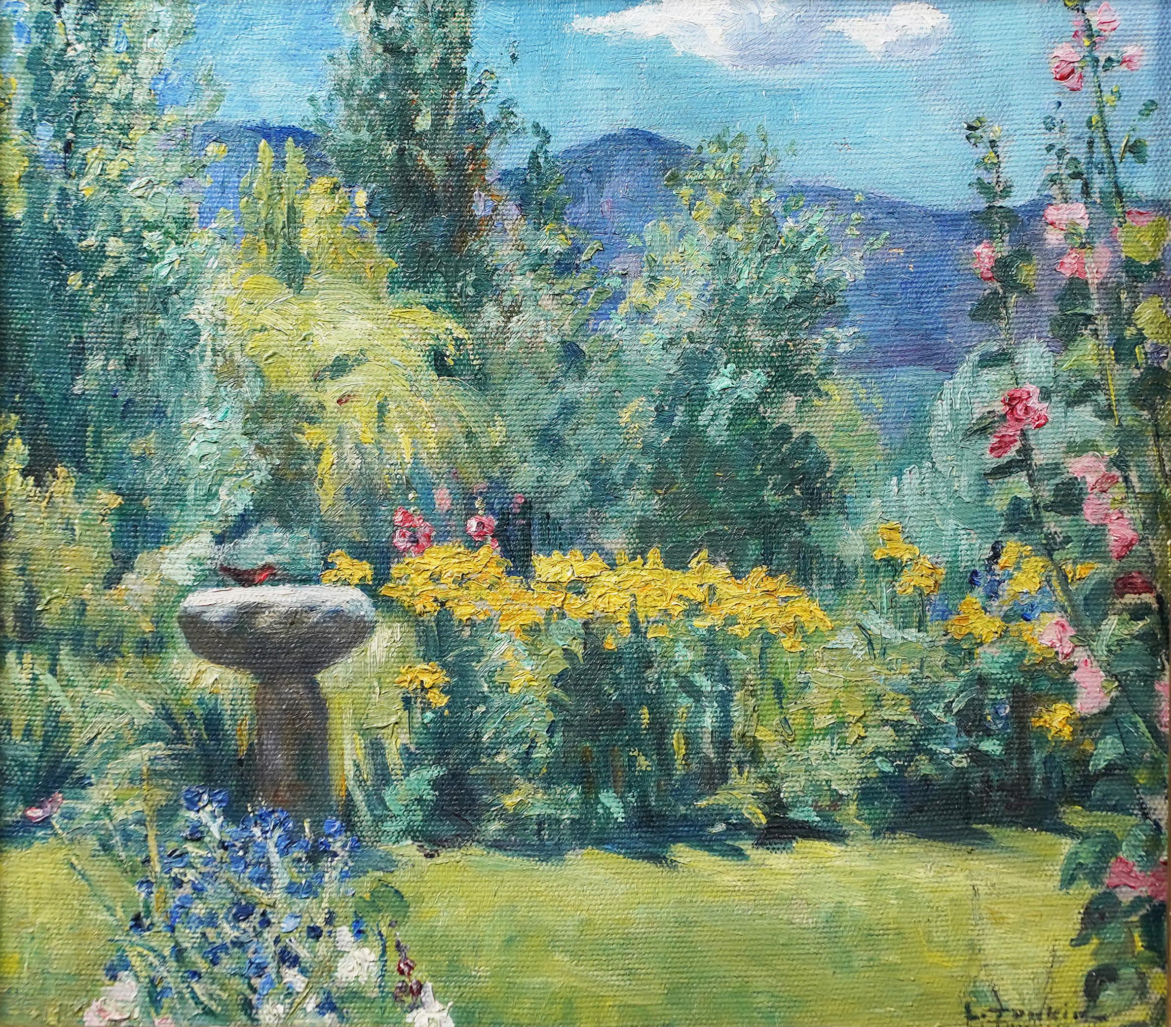 Antiguo cuadro al óleo de un jardín de flores firmado por un impresionista americano.  Óleo sobre lienzo.  Firmado.  Enmarcado.  