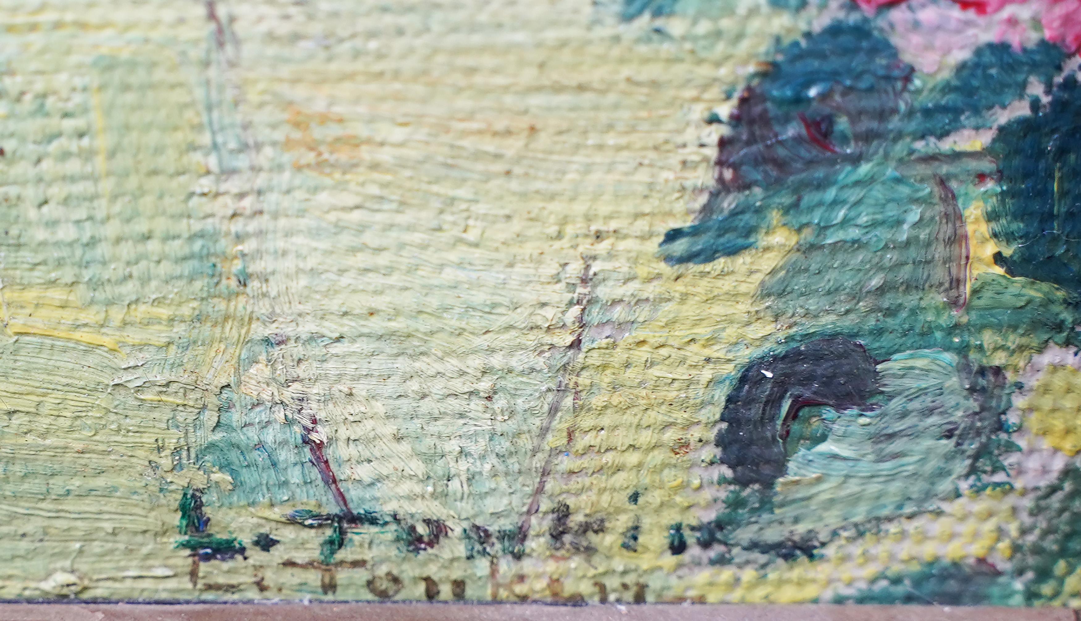 Pintura al óleo enmarcada Paisaje floral impresionista firmado por una artista tejana 3