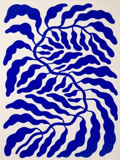 „BLOOM DIPTIK I“, Baumwoll-Leinwand, abstrakte Blumenmalerei, botanisch, gestisch, blau