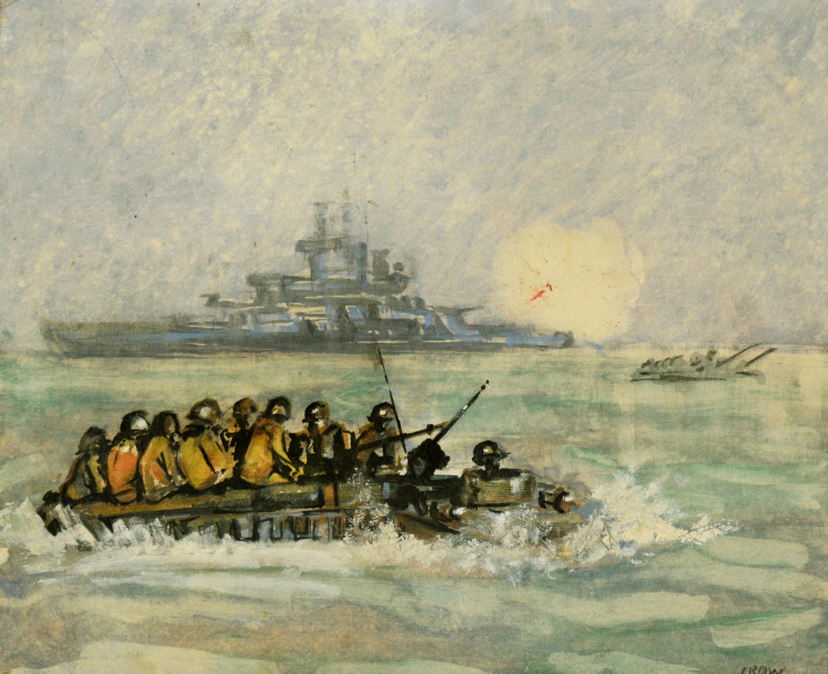 Soldati americani che sbarcano su barche con navi da guerra che sparano in lontananza - Painting di Linna Annetta Fogle Crow