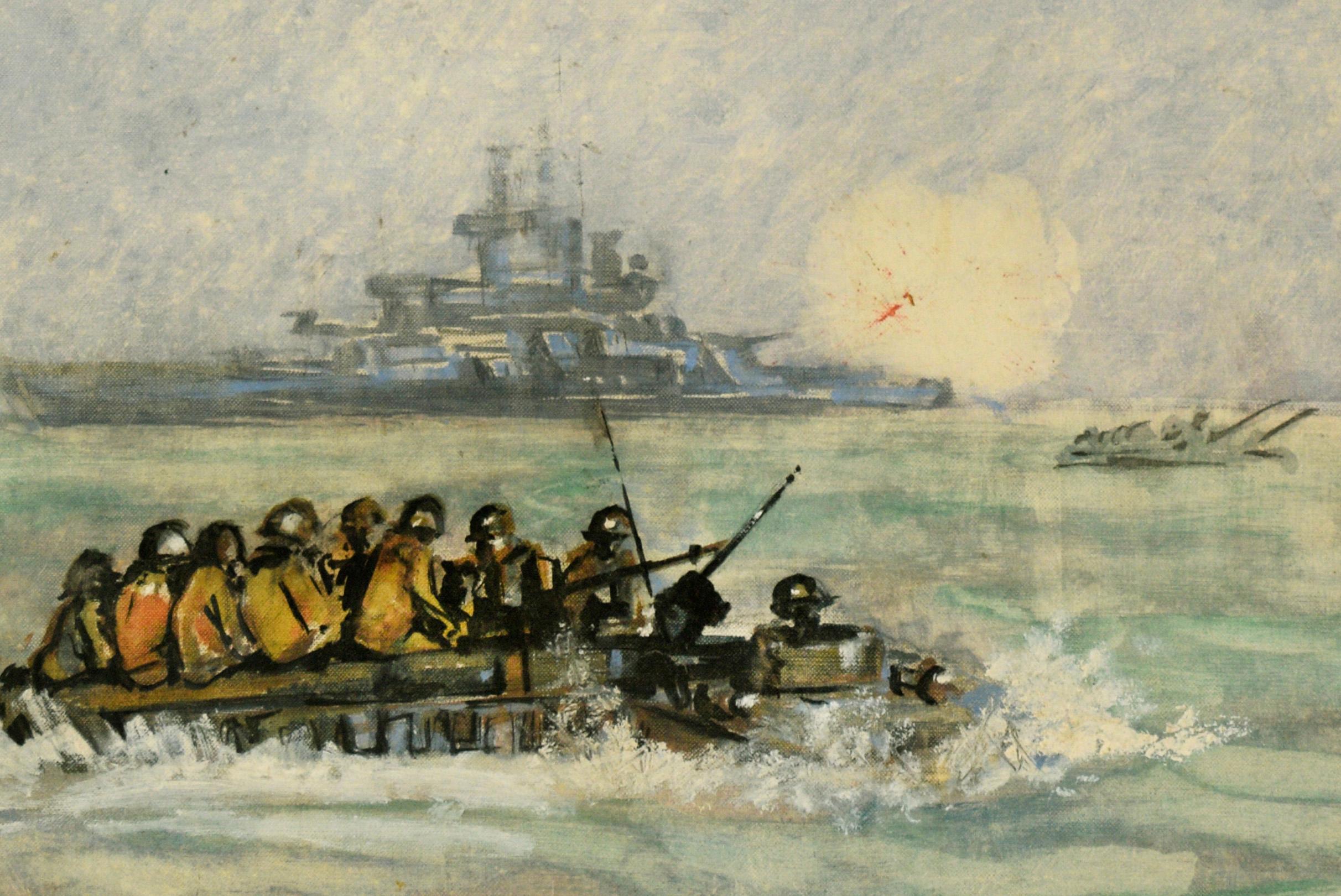 Soldats américains débarquant sur des bateaux avec des navires de guerre tirant au loin - Impressionnisme Painting par Linna Annetta Fogle Crow