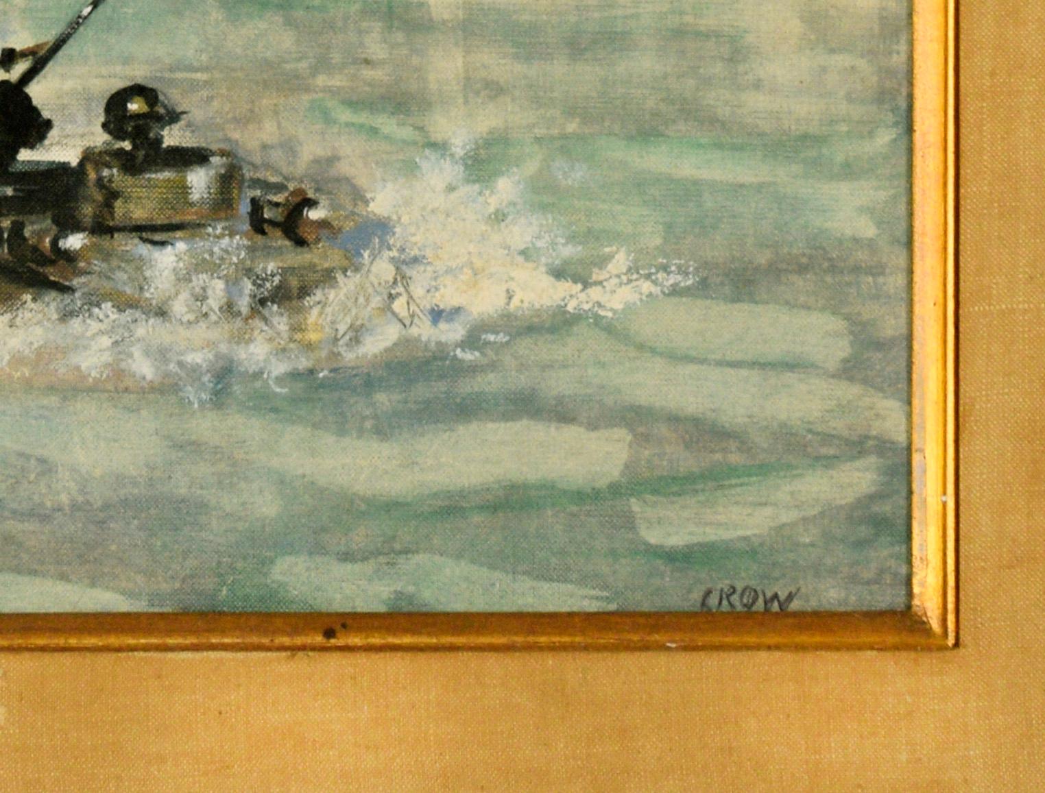 Soldats américains débarquant sur des bateaux avec des navires de guerre tirant au loin
Groupe de débarquement pendant la Seconde Guerre mondiale avec, à l'arrière-plan, des navires de la marine qui effectuent des tirs de couverture. Attribué à