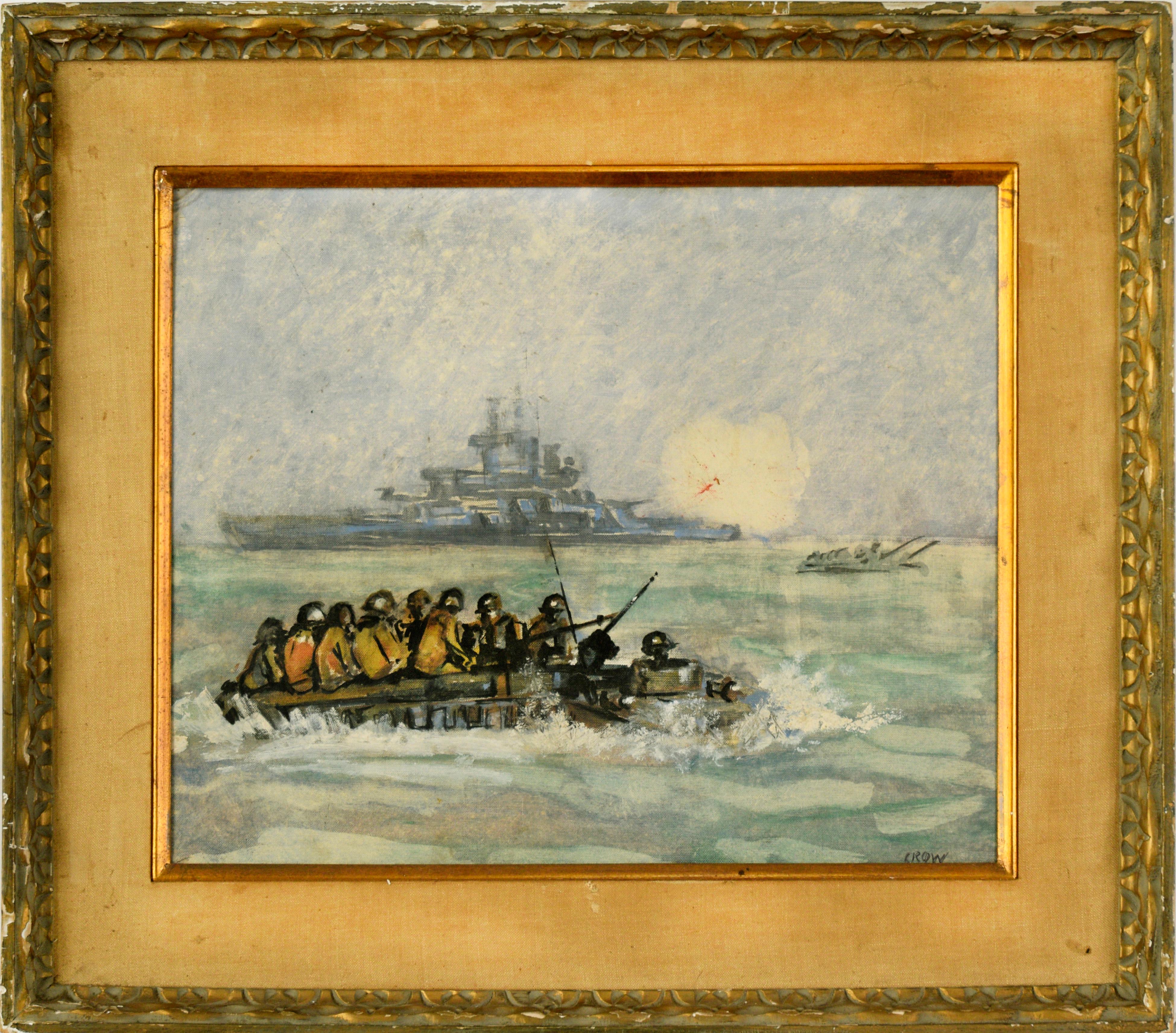 Soldats américains débarquant sur des bateaux avec des navires de guerre tirant au loin