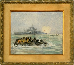 American Soldiers Landing Boats with Warships Firing in the Distance