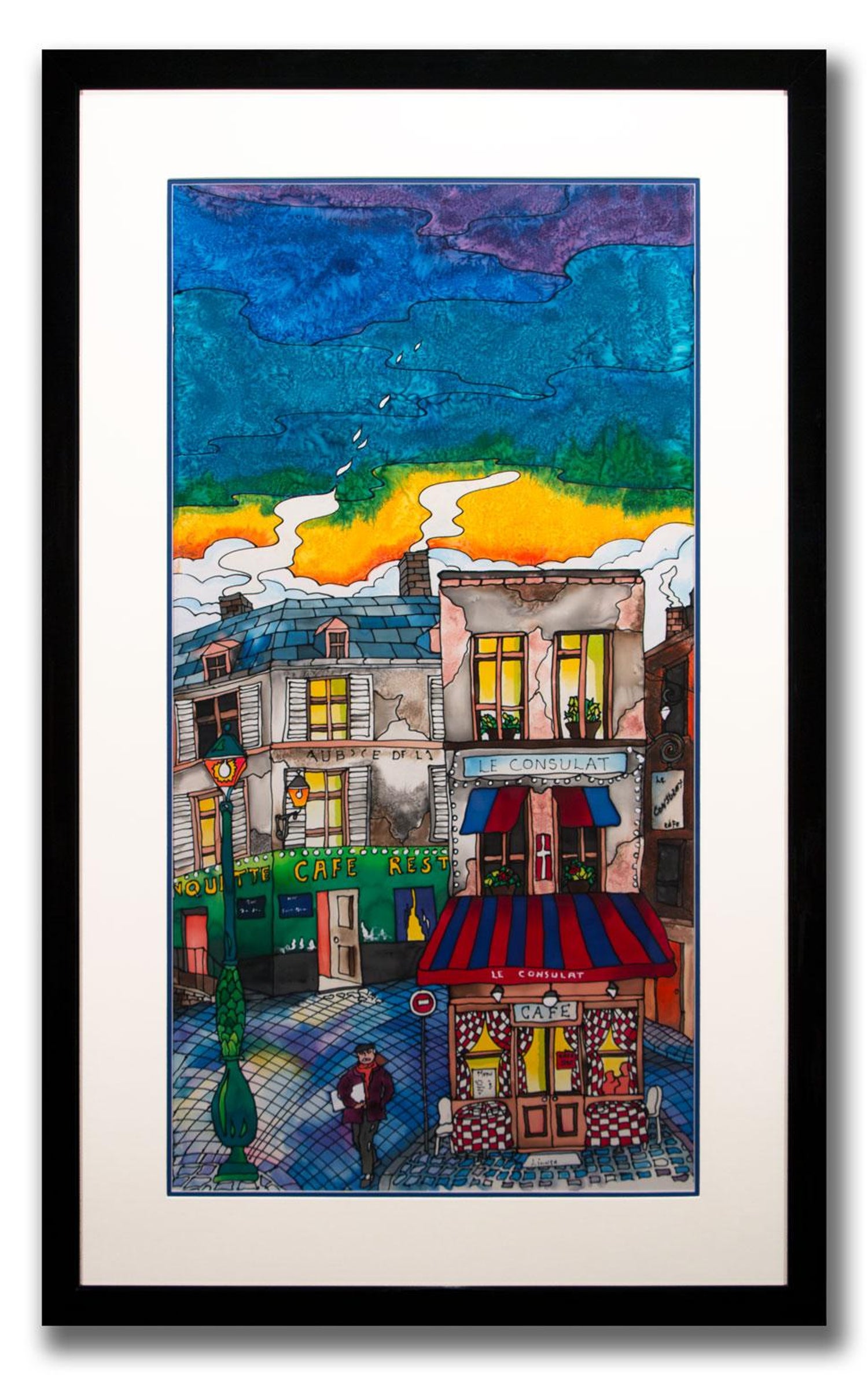 Montmartre Cafes Original Pop Art Ink Painting On Silk By Linnea Pergola