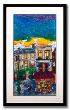 "Montmartre Cafés" Original Pop Art Painting on Silk by Linnea Pergola, Framed