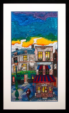 "Montmartre Cafés" Original Pop Art Painting on Silk by Linnea Pergola, Framed