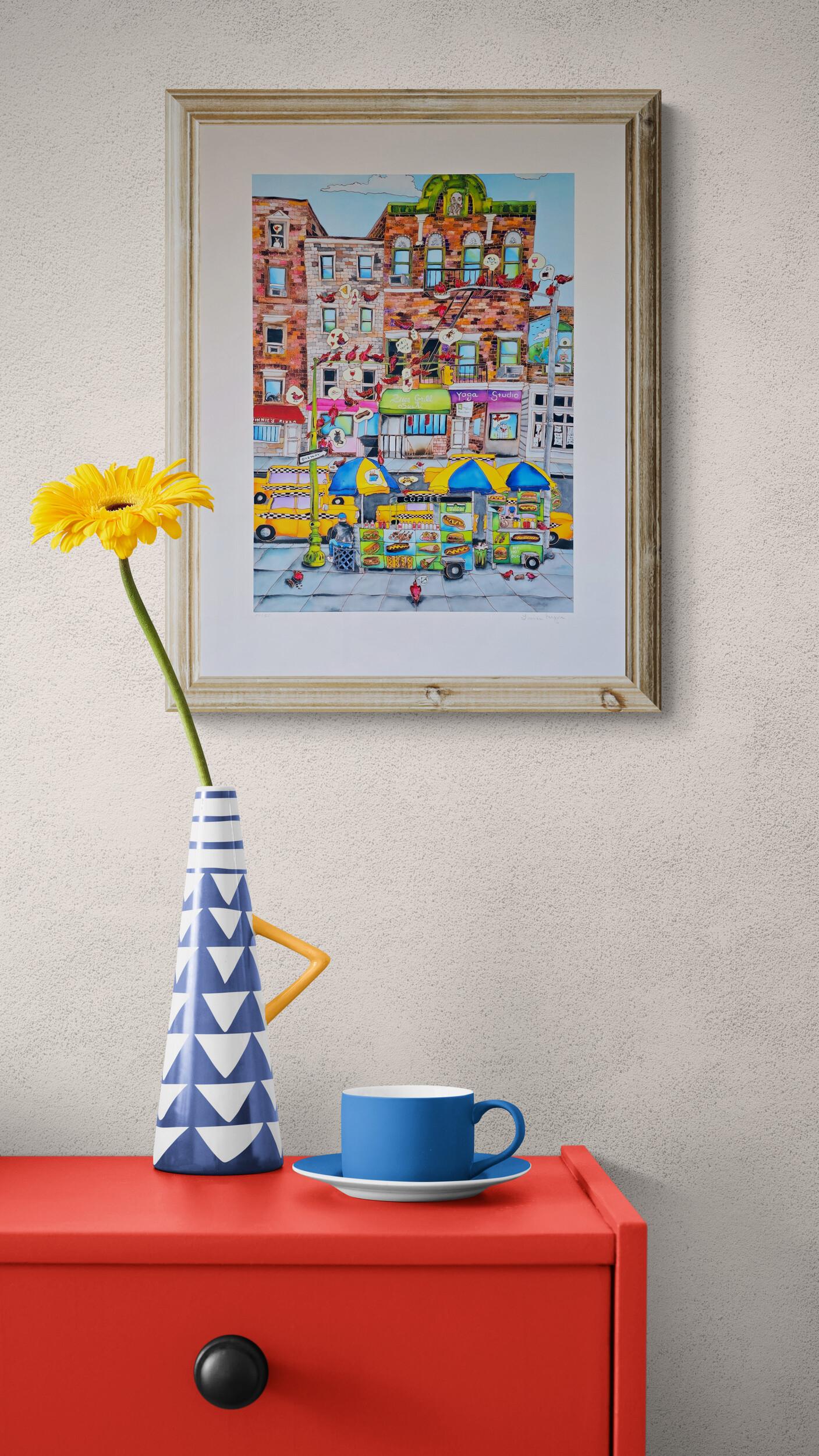 Carritos de comida (Paisaje urbano, Icónico, James Rizzi, Divertido, Vibrante) - Print Moderno de Linnea Pergola