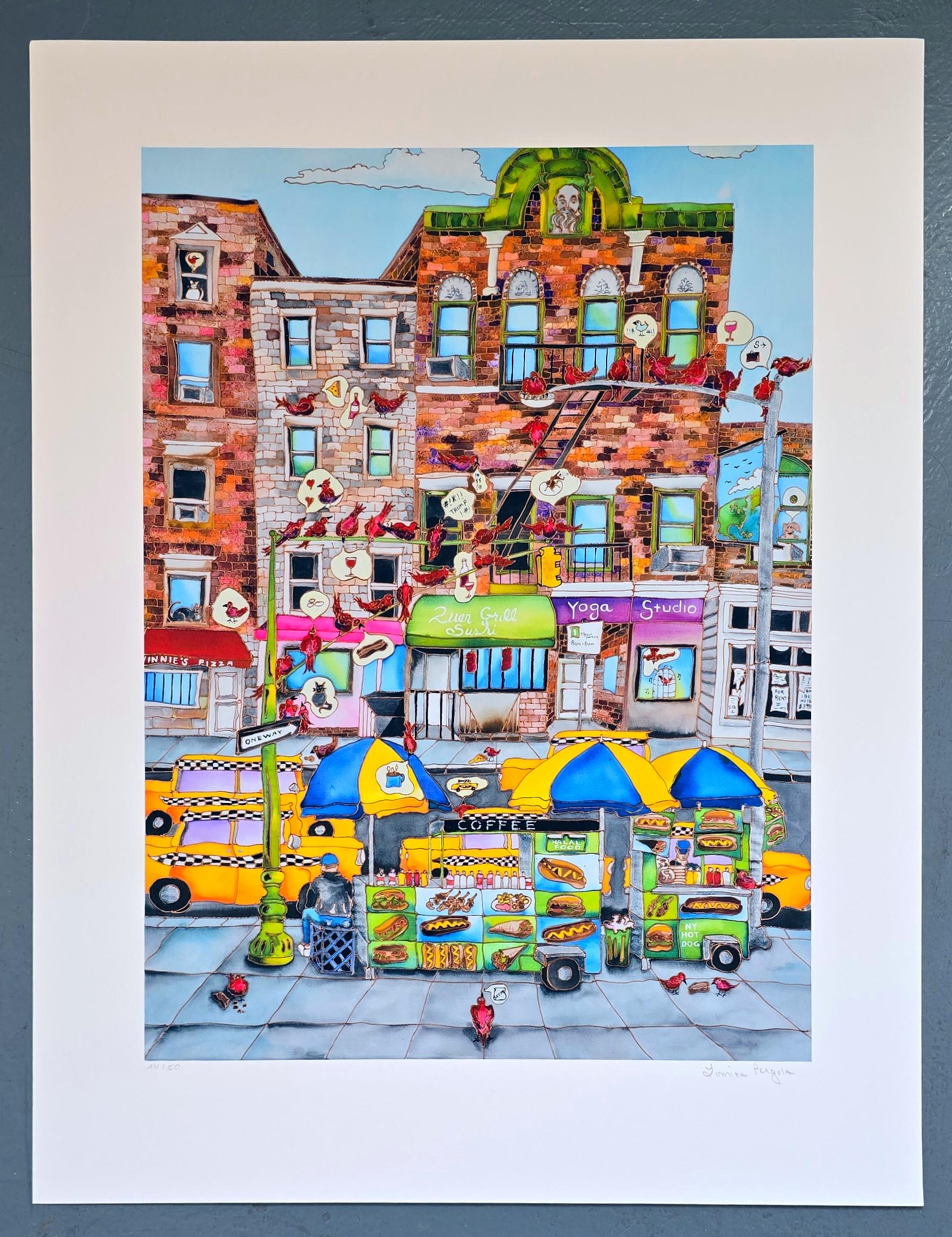 Carritos de comida (Paisaje urbano, Icónico, James Rizzi, Divertido, Vibrante) en venta 1