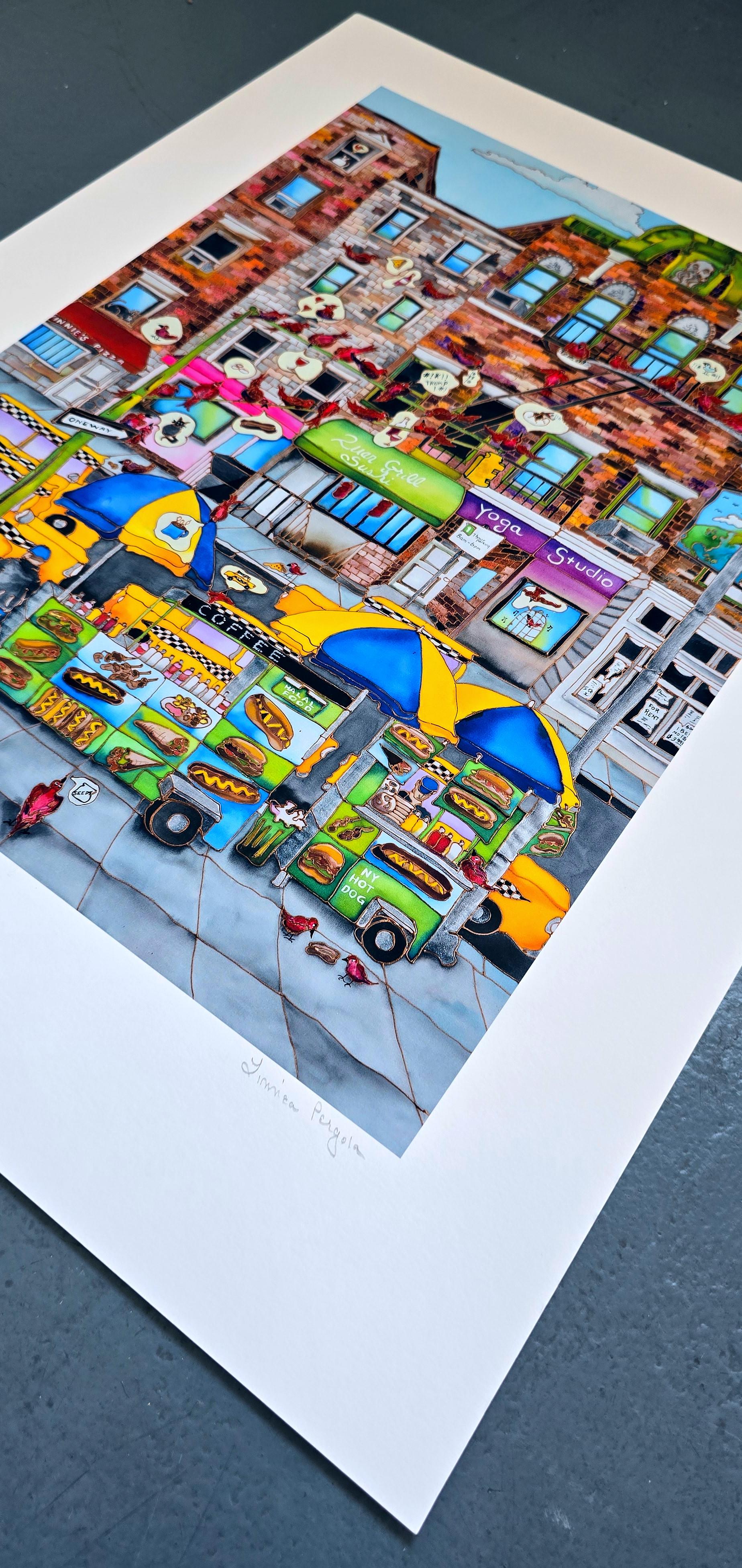 Carritos de comida (Paisaje urbano, Icónico, James Rizzi, Divertido, Vibrante) en venta 2