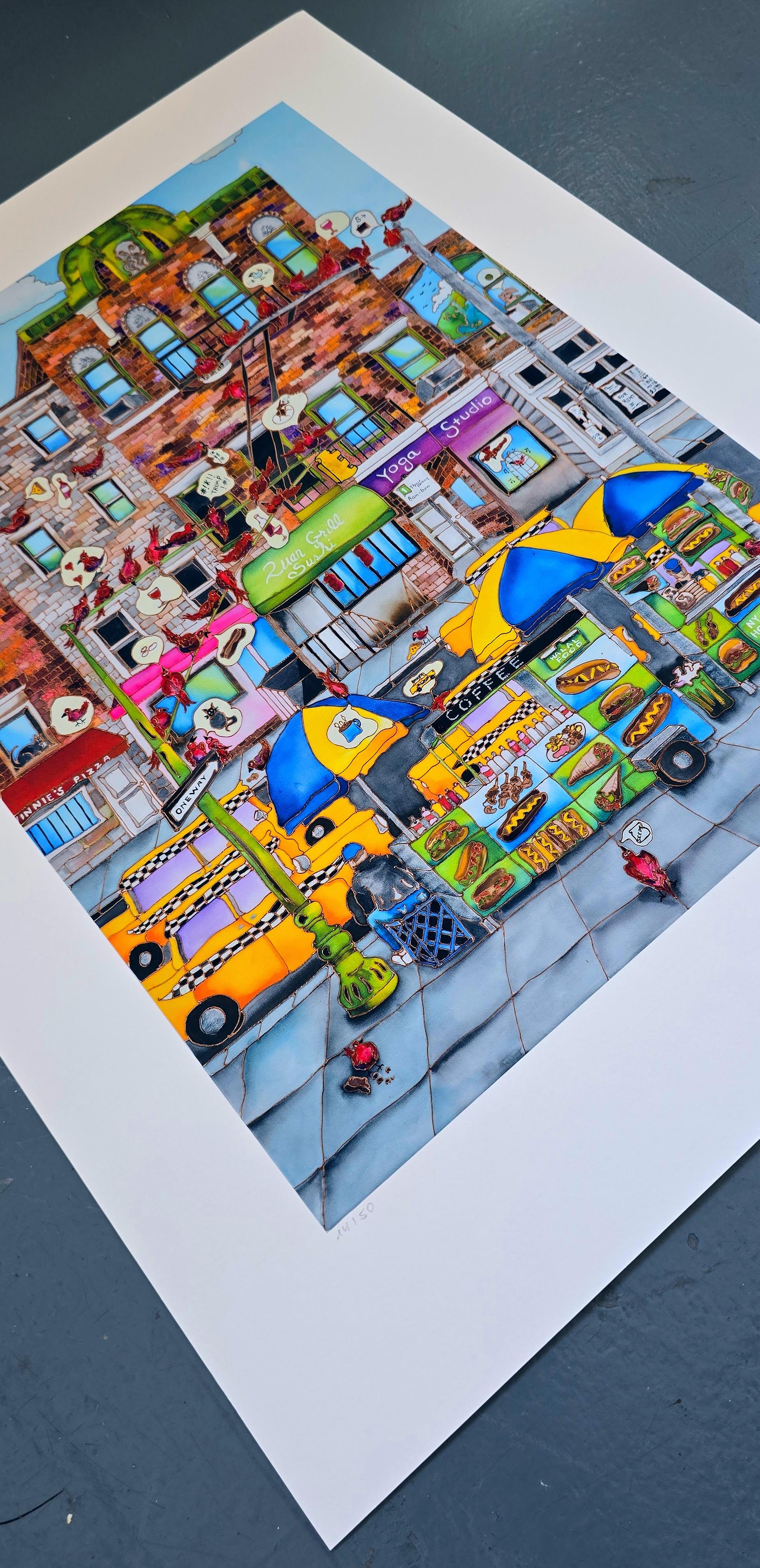 Carritos de comida (Paisaje urbano, Icónico, James Rizzi, Divertido, Vibrante) en venta 3