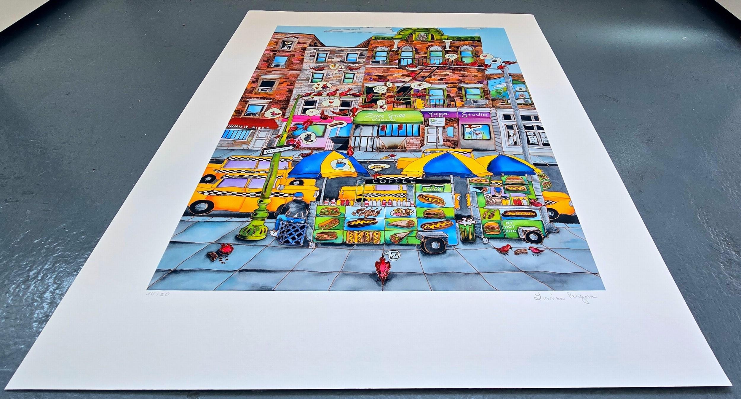 Carritos de comida (Paisaje urbano, Icónico, James Rizzi, Divertido, Vibrante) en venta 6