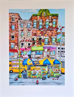 Carritos de comida (Paisaje urbano, Icónico, James Rizzi, Divertido, Vibrante)