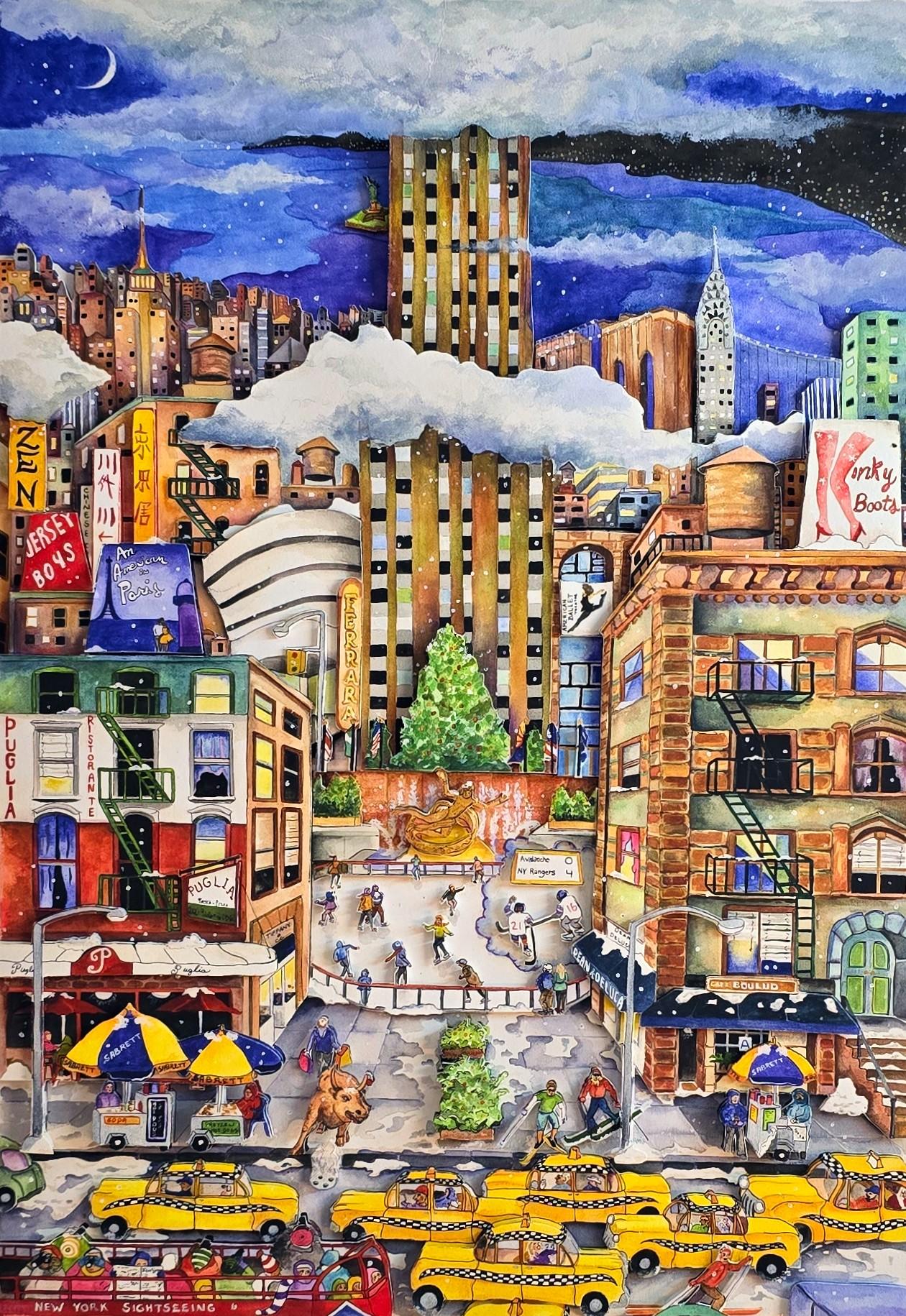 Light Snowfall in NYC (Cityscape, Iconic, James Rizzi, Fun, Vibrant, NYC) - Print by Linnea Pergola
