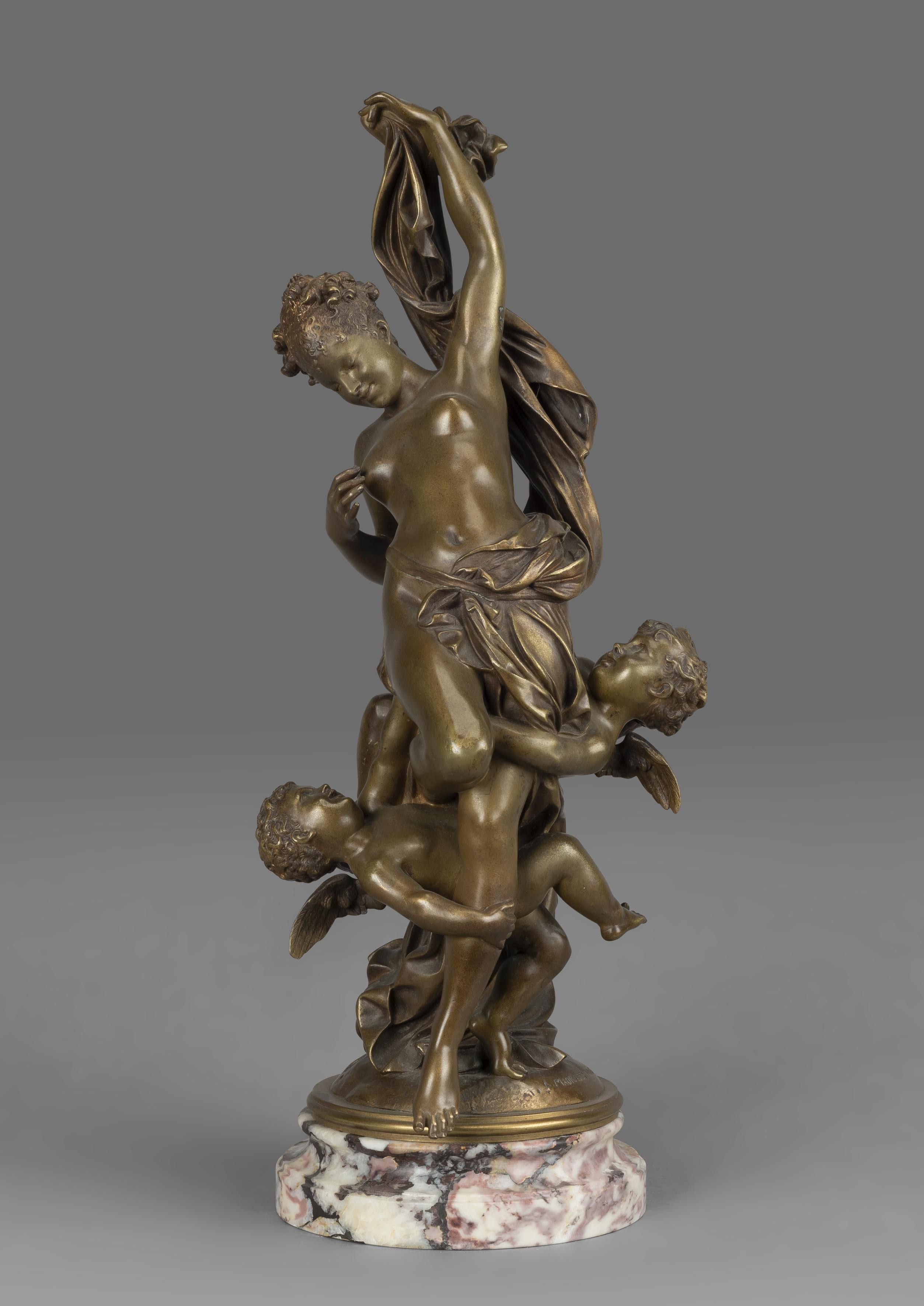 'L'innocence Tourmentée Par L'amour' - A fine patinated bronze figural group by Luca Madrassi. 

French, circa 1900.

Inscribed 'L.MADRASSI.PARIS'.

With Gervais foundry cachet and stamped 'MEDAILLE D'OR/EXPOSITION UNIVERSELLE DE