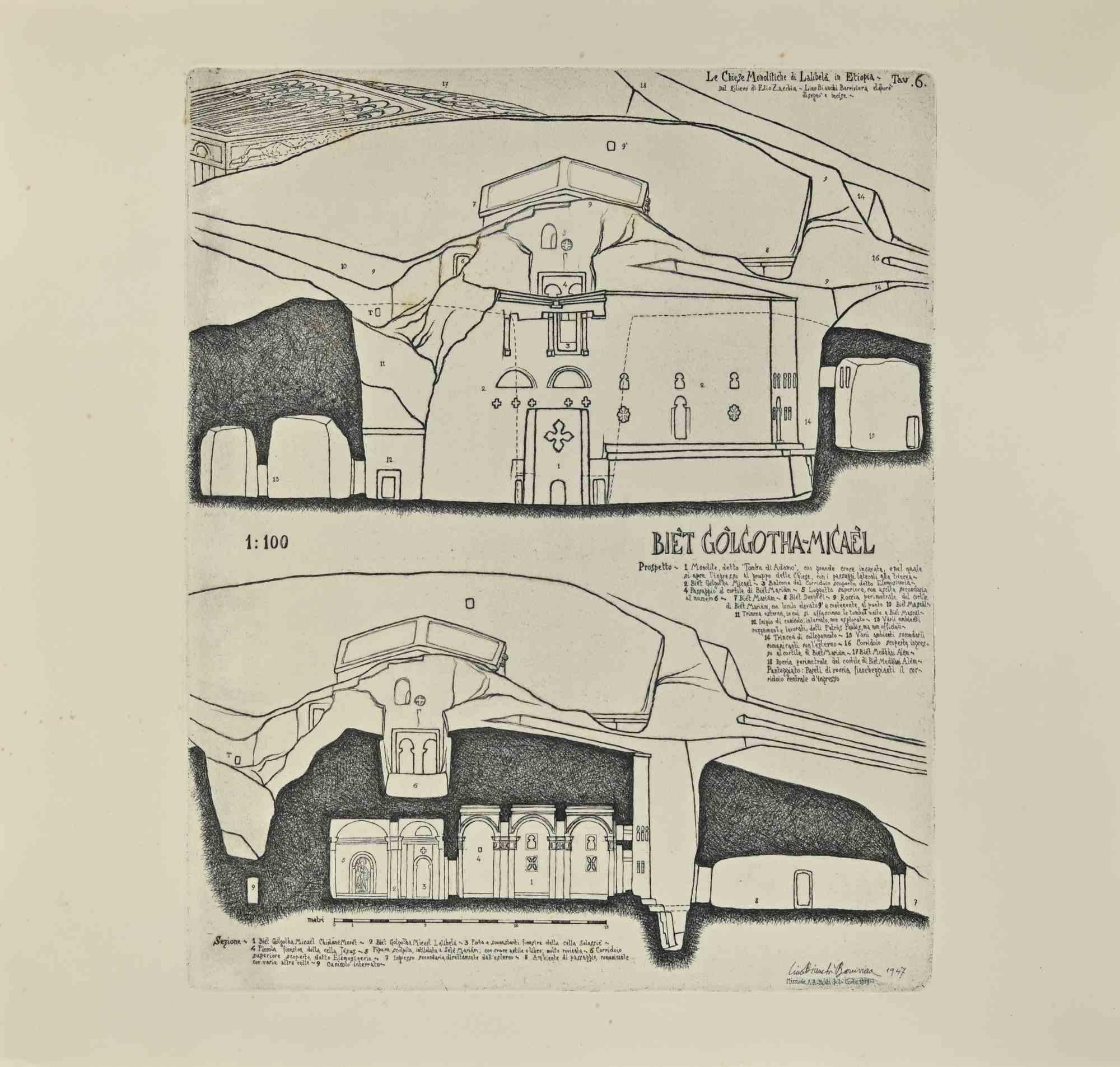 Le Tombeau d'Adams et le Biet Golgotha-Micael - Élévation et coupes est une œuvre d'art moderne réalisée par Lino Bianchi Barriviera en 1947.

Gravure en noir et blanc.

Signé et daté sur la plaque.

Planche n.6 (comme indiqué dans la marge