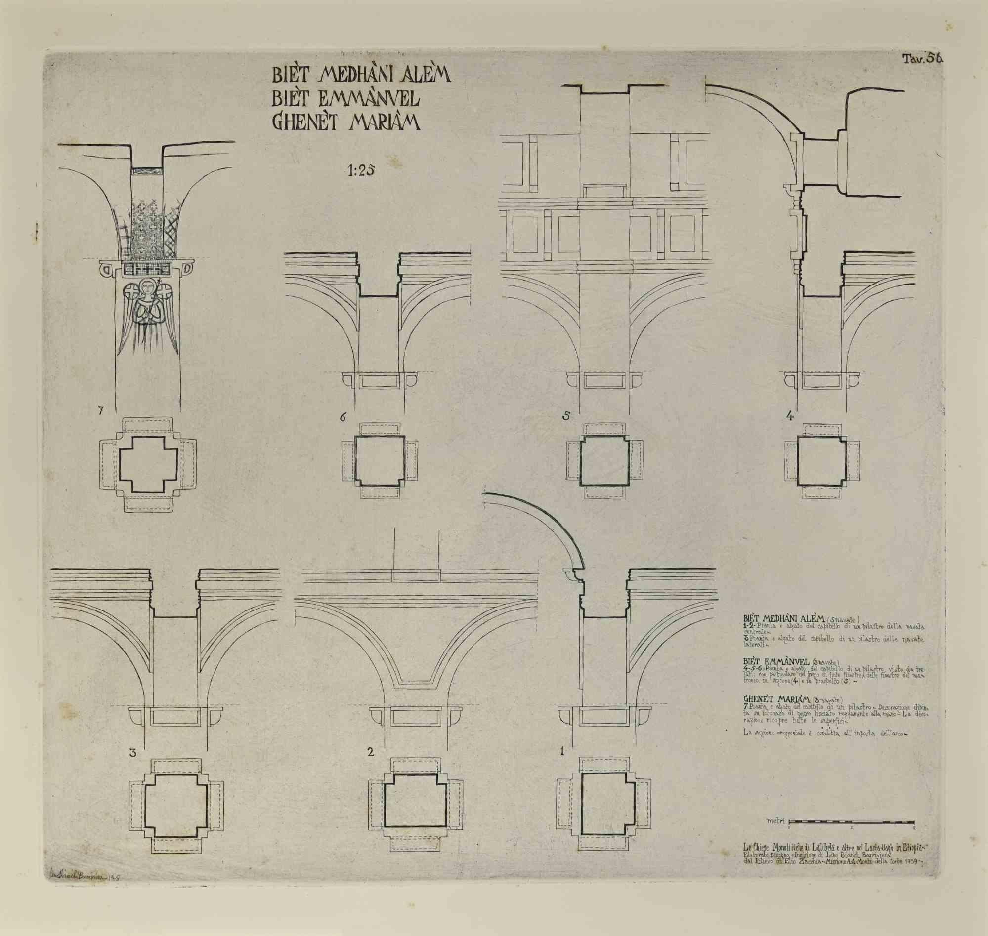 Bet Medhane Alem ist ein modernes Kunstwerk von Lino Bianchi Barriviera aus dem Jahr 1948.

Schwarze und weiße Radierung.

Signiert und datiert auf der Platte.

Tafel n.56 (wie am oberen Rand angegeben).

Das Kunstwerk stammt aus der Serie "Die