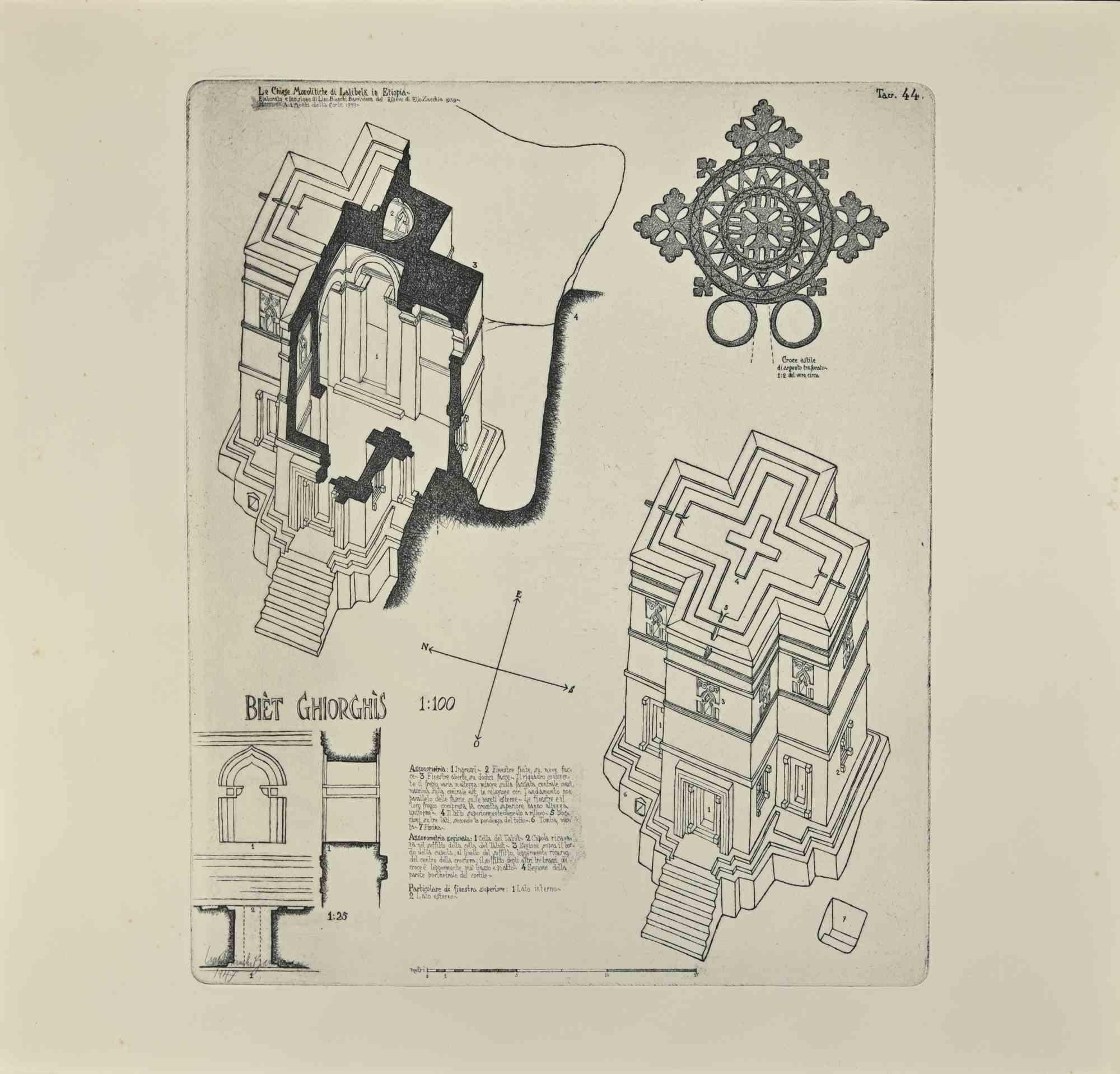 Biet Ghiorghis ist ein modernes Kunstwerk von Lino Bianchi Barriviera aus dem Jahr 1947.

Schwarze und weiße Radierung.

Signiert und datiert auf der Platte.

Tafel n.44 (wie am oberen Rand angegeben).

Das Kunstwerk stammt aus der Serie "Die