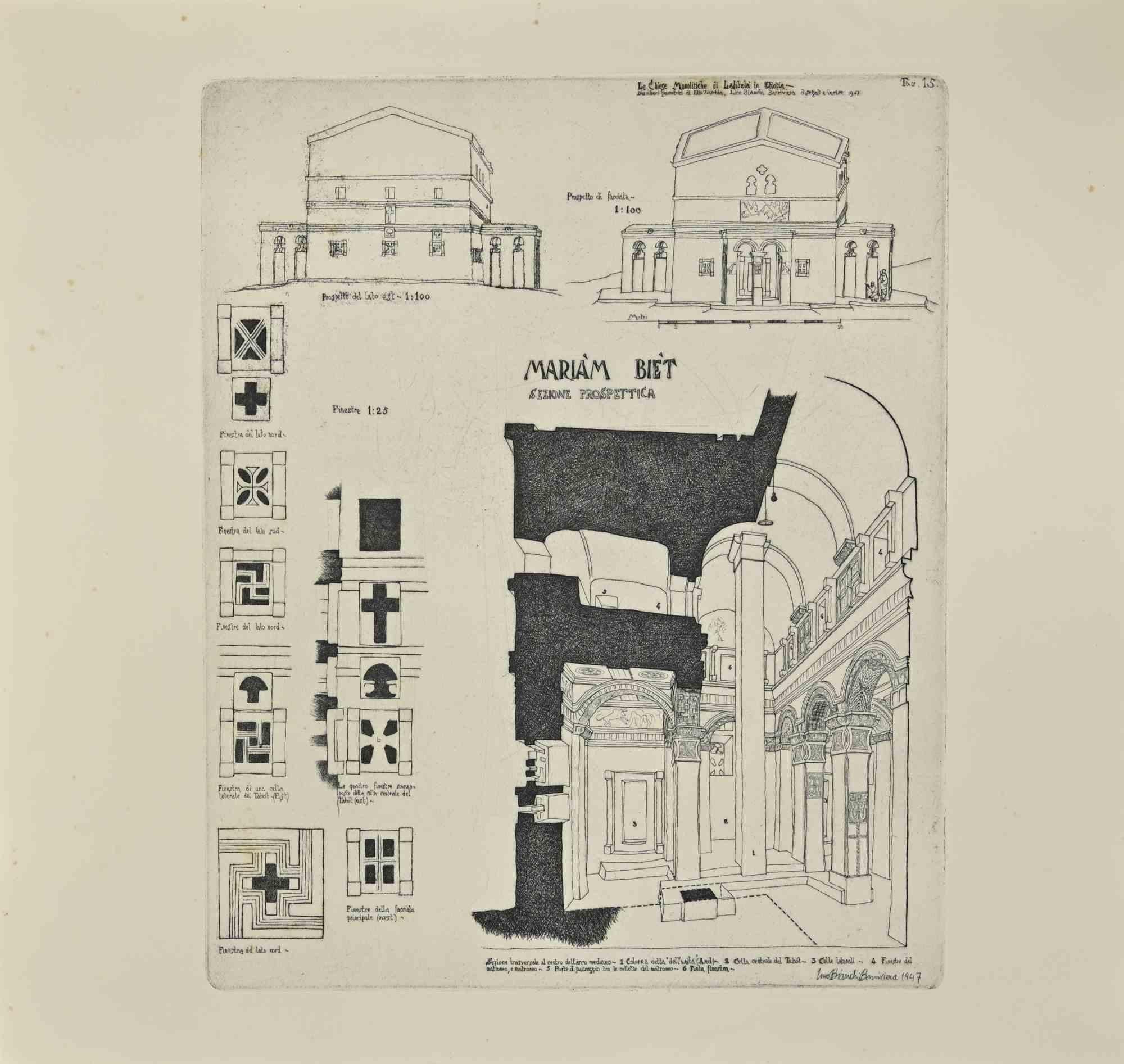 Biet Mariam: plans and perspective details is a modern artwork realized by Lino Bianchi Barriviera in 1947.

Black and white etching.

Signed and dated on plate.

Plate n.15 (as reported on the higher margin).

The artwork is from the series "The