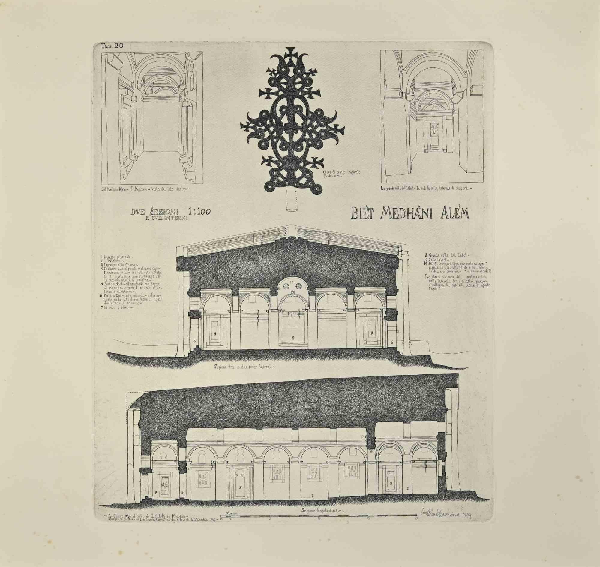 Mariam Biet Section is a modern artwork realized by Lino Bianchi Barriviera in the 1930s.

Black and white etching.

Signed on plate.

Plate n.20 (as reported on the higher margin).

The artwork is from the series "The monolithic churches of