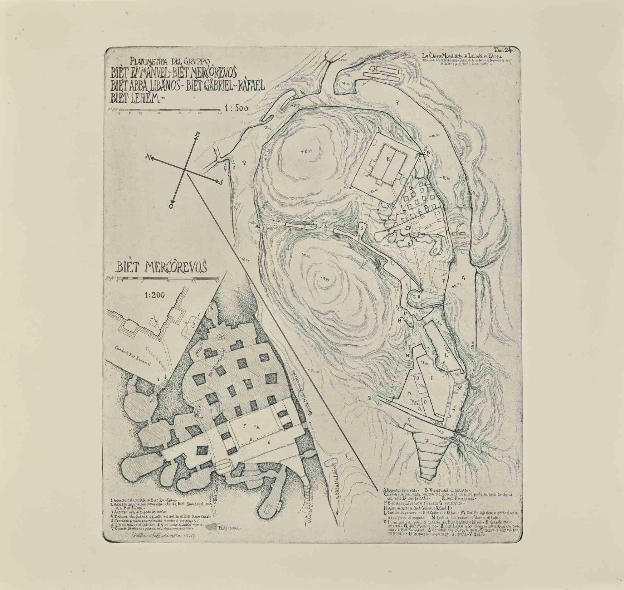 Biet Mercorevos is a modern artwork realized by Lino Bianchi Barriviera in the 1930s.

Black and white etching.

Signed on plate.

Plate n.24 (as reported on the higher margin).

The artwork is from the series "The monolithic churches of Lalibelà