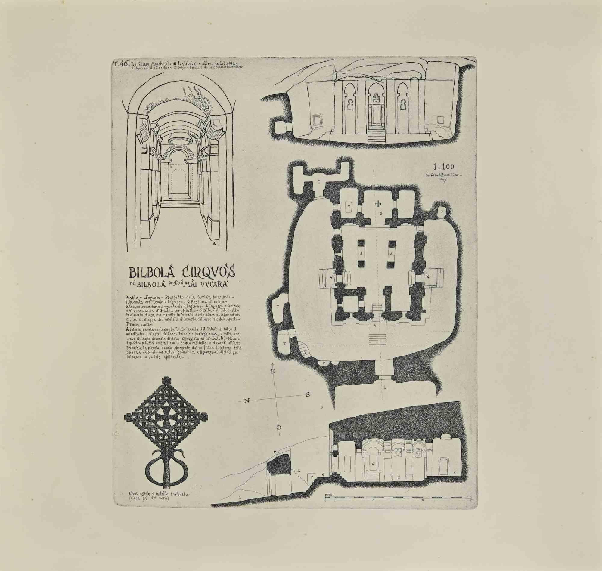 Bilbola' Kircos ist ein modernes Kunstwerk von Lino Bianchi Barriviera aus dem Jahr 1947.

Schwarze und weiße Radierung.

Signiert und datiert auf der Platte.

Tafel n.46 (wie am oberen Rand angegeben).

Das Kunstwerk stammt aus der Serie "Die