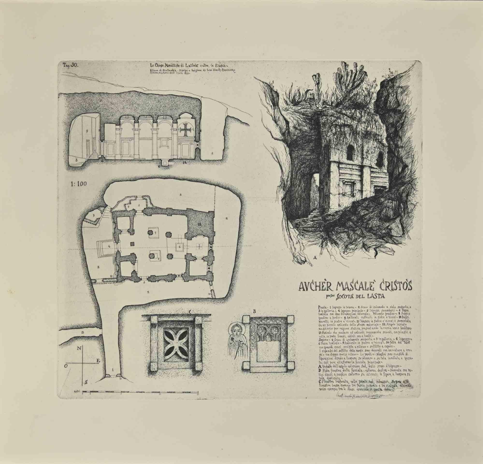 Church of Wuqrò Masqalà Kristòs - Etching by Lino Bianchi Barriviera - 1947