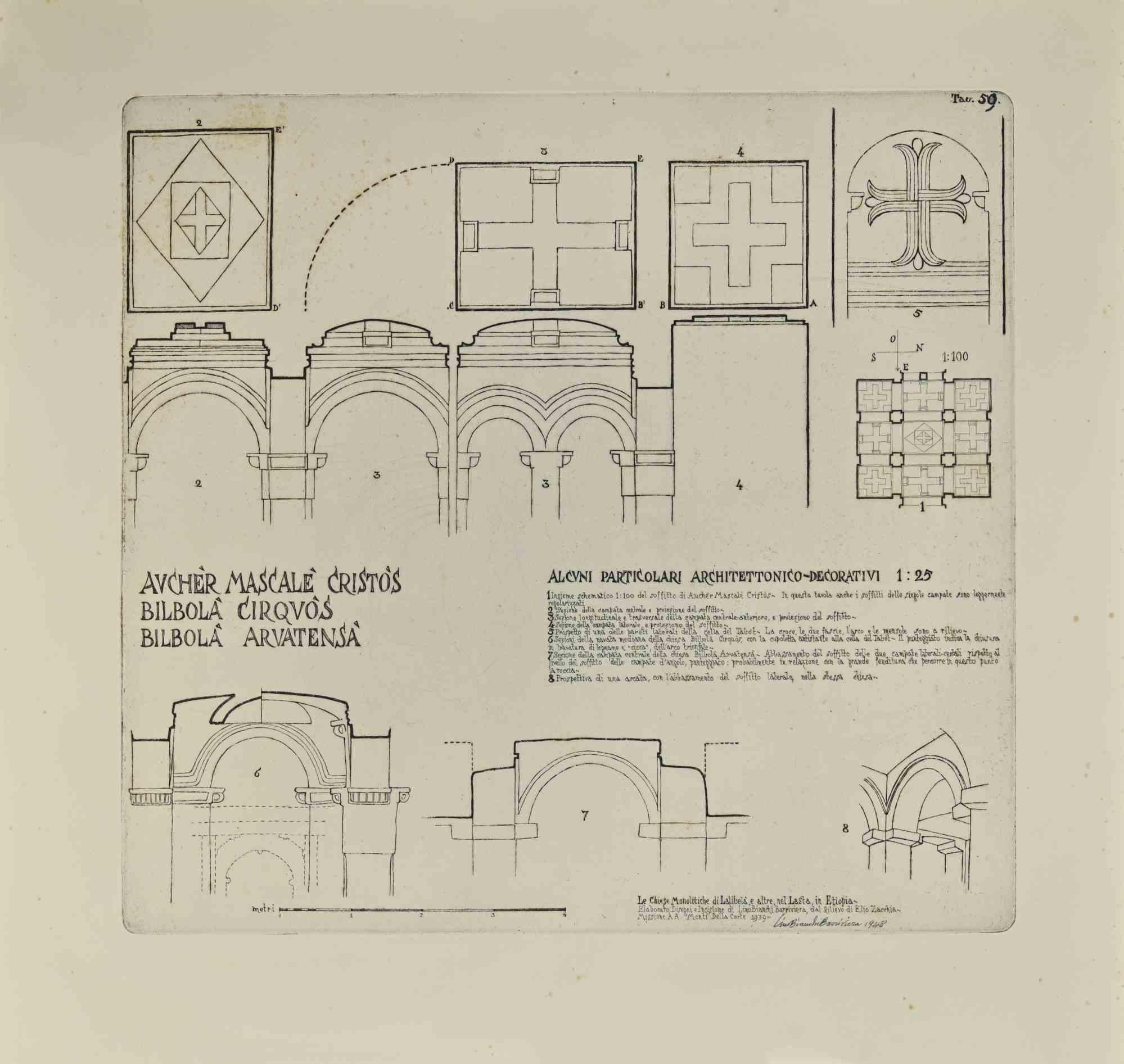 Ethiopian Churches is a modern artwork realized by Lino Bianchi Barriviera in 1948.

Black and white etching.

Signed and dated on plate.

Plate n.59 (as reported in the higher margin).

The artwork is from the series "The monolithic churches of