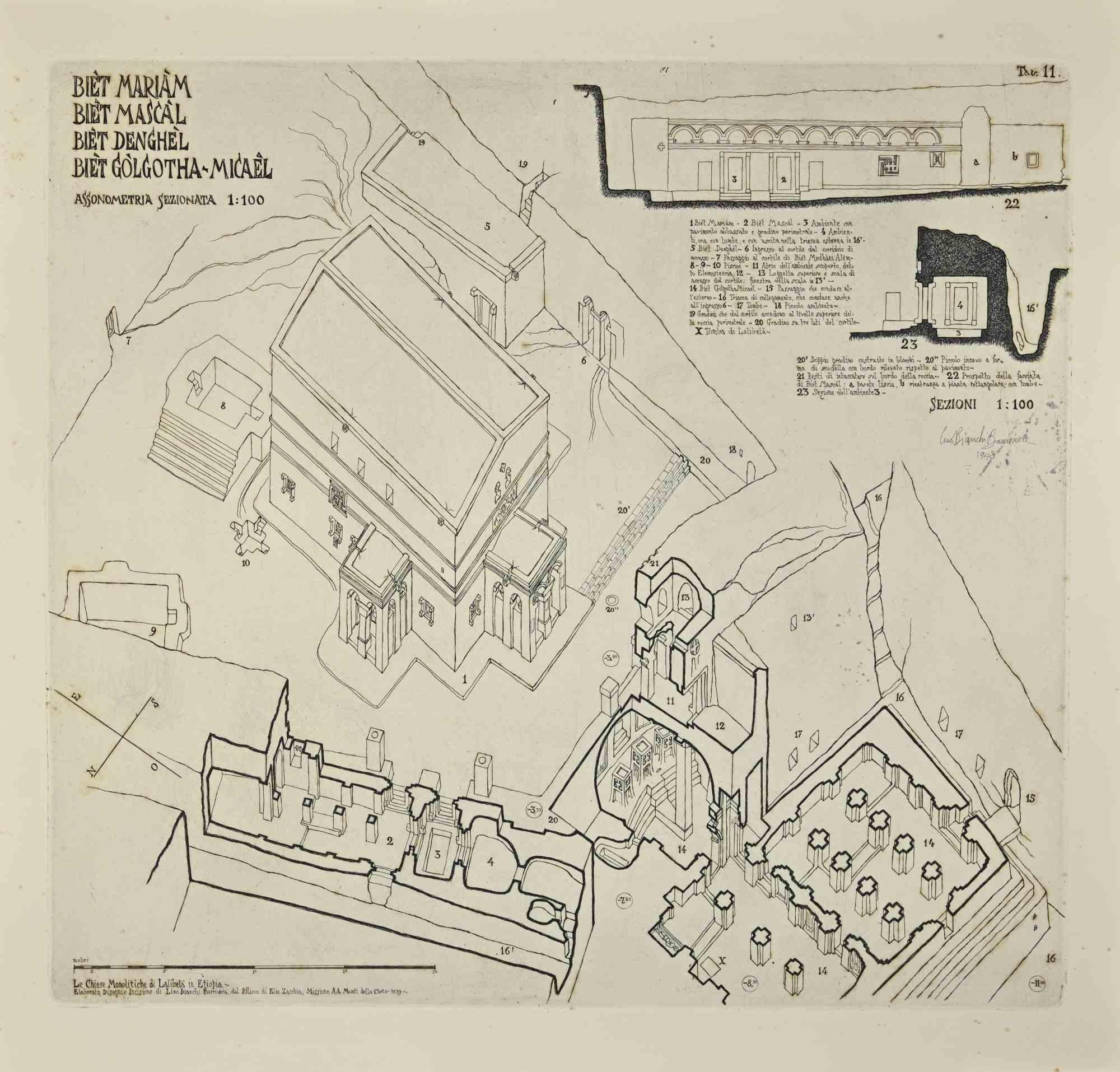 Ethiopian Churches floor plans is a modern artwork realized by Lino Bianchi Barriviera in 1948.

Black and white etching.

Signed and dated on plate.

Plate n.11 (as reported on the higher margin).

The artwork is from the series "The monolithic
