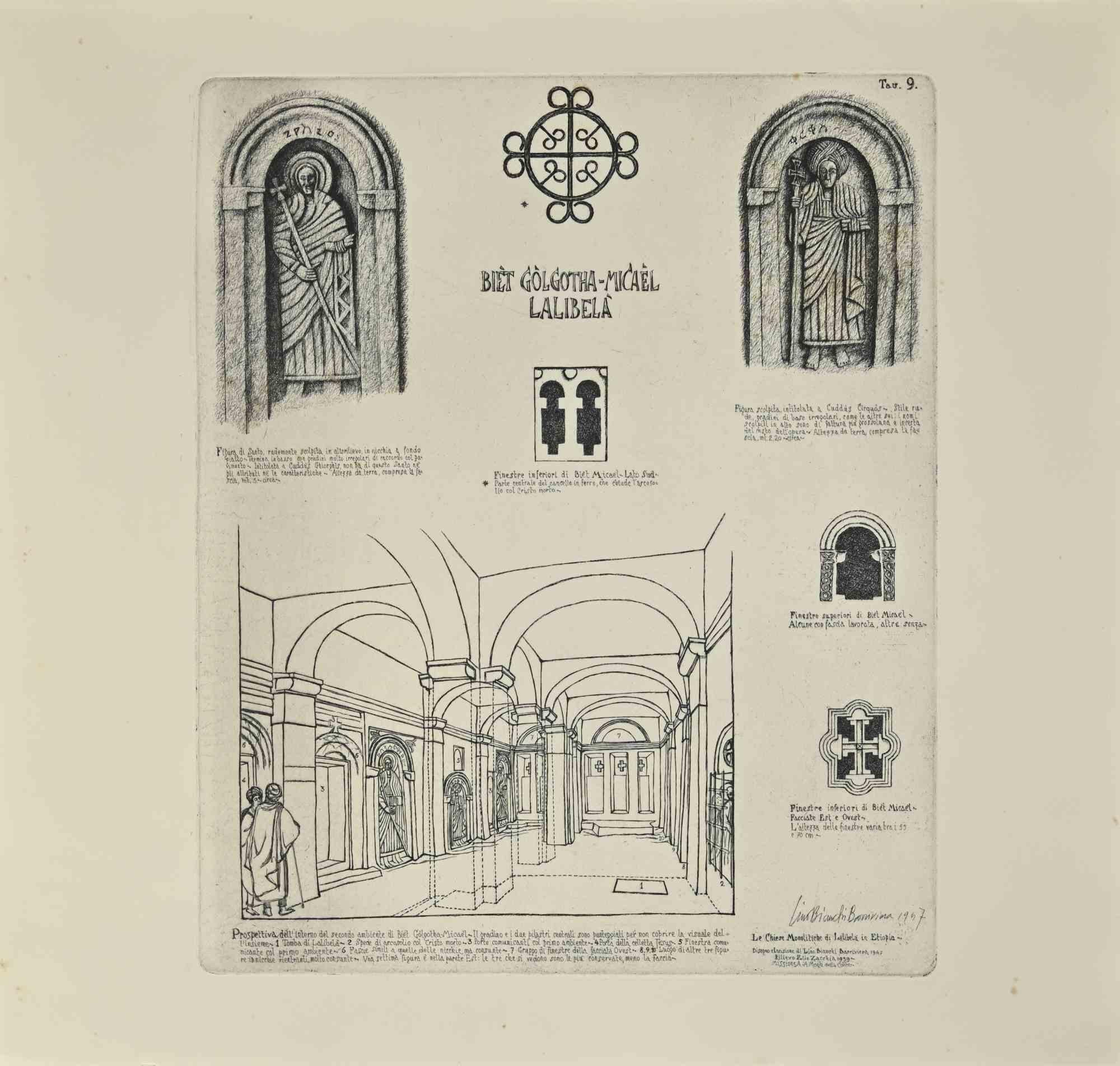 Internal perspective of Biet Golghotha-Micael is a modern artwork realized by Lino Bianchi Barriviera in 1947.

Black and white etching.

Signed and dated on plate.

Plate n.9 (as reported on the higher margin).

The artwork is from the series "The
