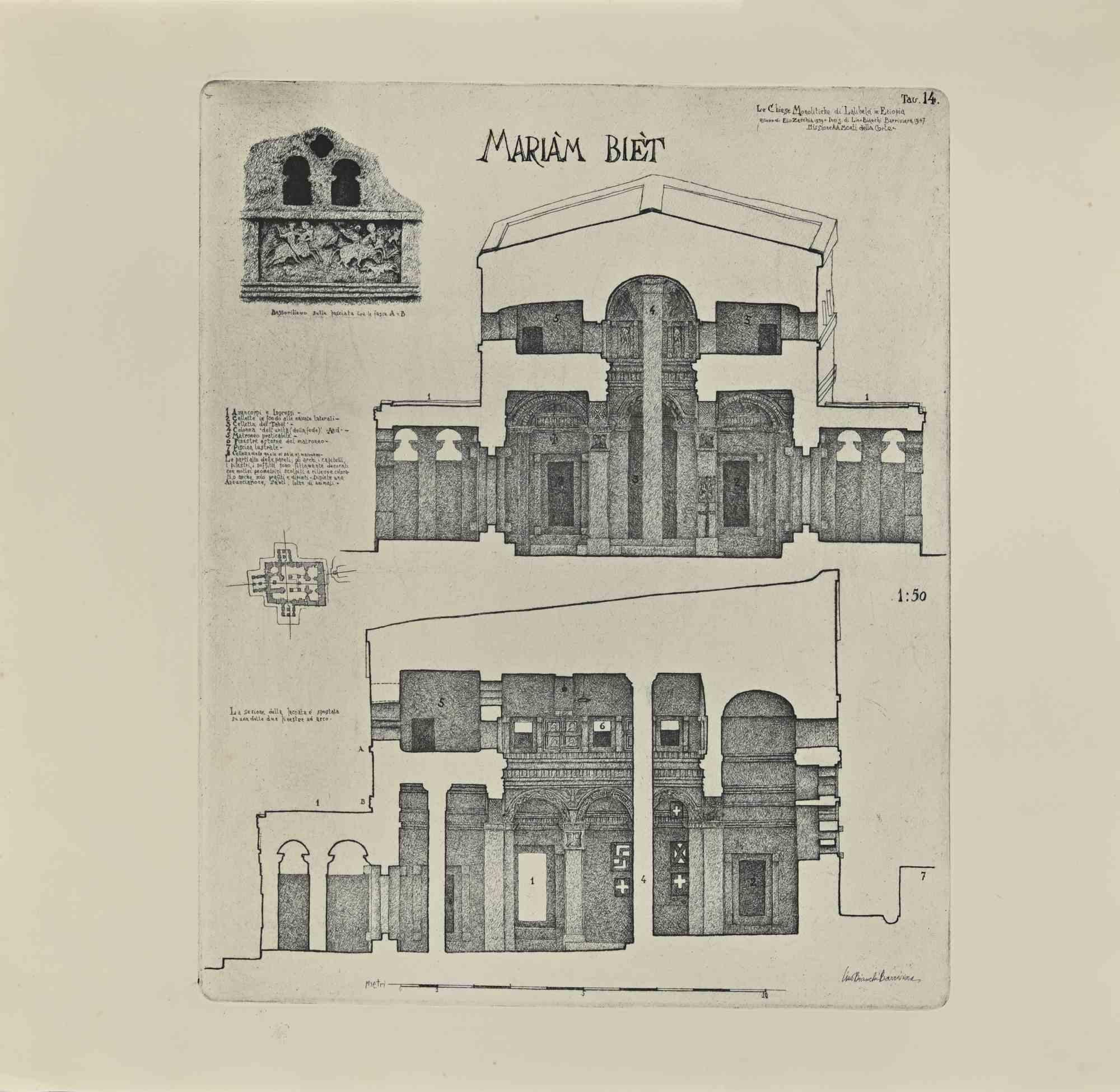 Mariam Biet Section is a modern artwork realized by Lino Bianchi Barriviera in 1948.

Black and white etching.

Signed on plate.

Plate n.14 (as reported on the higher margin).

The artwork is from the series "The monolithic churches of Lalibelà and