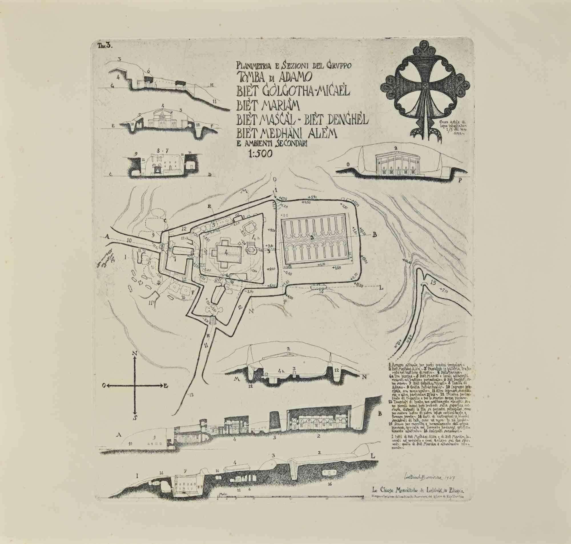 Plan and section of Ethiopian churches is a modern artwork realized by Lino Bianchi Barriviera in 1947.

Black and white etching.

Signed and dated on plate.

Plate n.3 (as reported on the higher margin).

The artwork is from the series "The