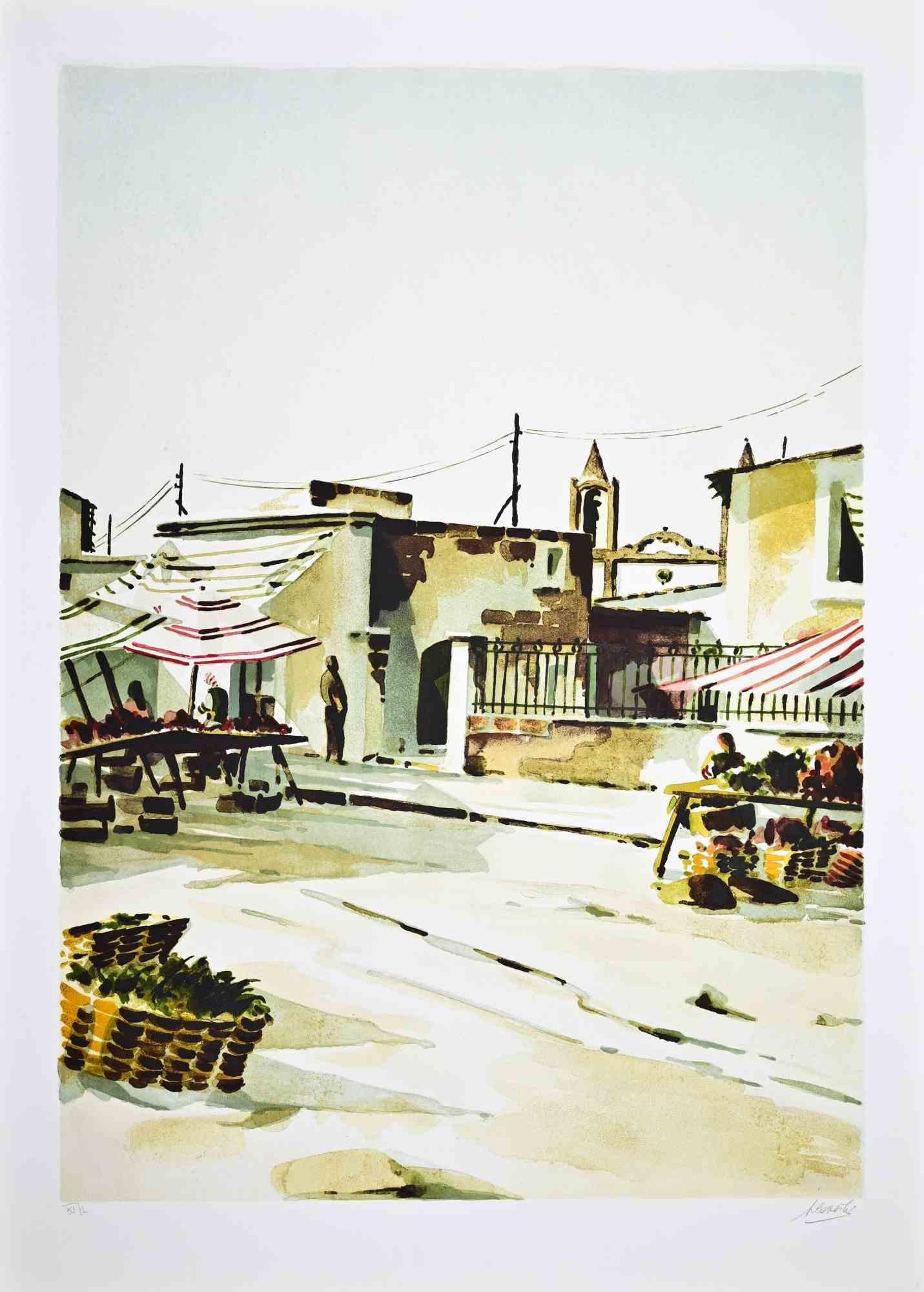 Der südliche Markt - Lithographie von Lino Casadei - 1980er Jahre
