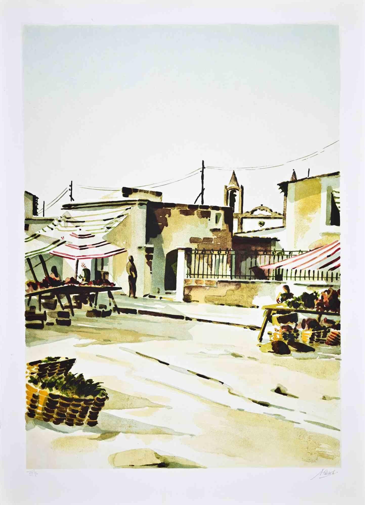 Der südliche Markt - Lithographie von Lino Casadei - 1980er Jahre