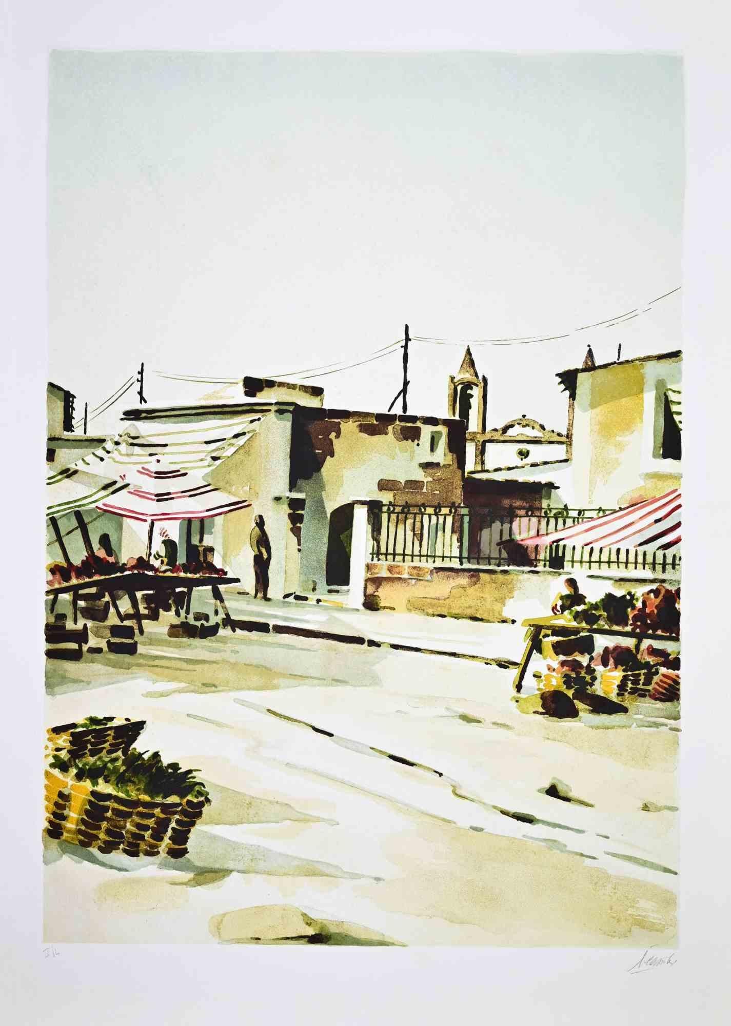 Der südliche Markt - Lithographie von Lino Casadei - 1980er Jahre