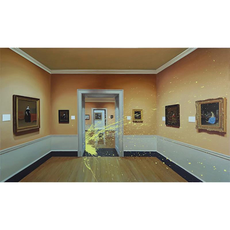 Figurative Painting Lino Lago - Crash (jaune sur le musée I+I)