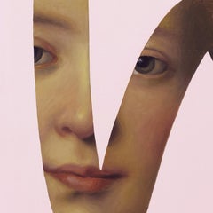 Fake abstract pink on Nattier, oil figurative portrait painting by Lino Lago