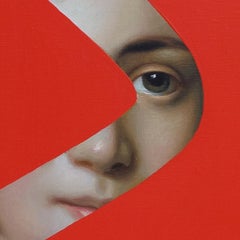 Fake abstract red on Roslin, woman figurative portrait painting by Lino Lago