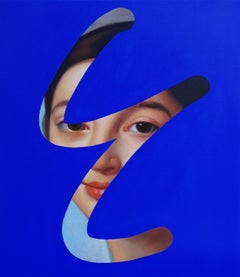 Fake abstract blue on Ingres, figurative portrait painting by Lino Lago, woman