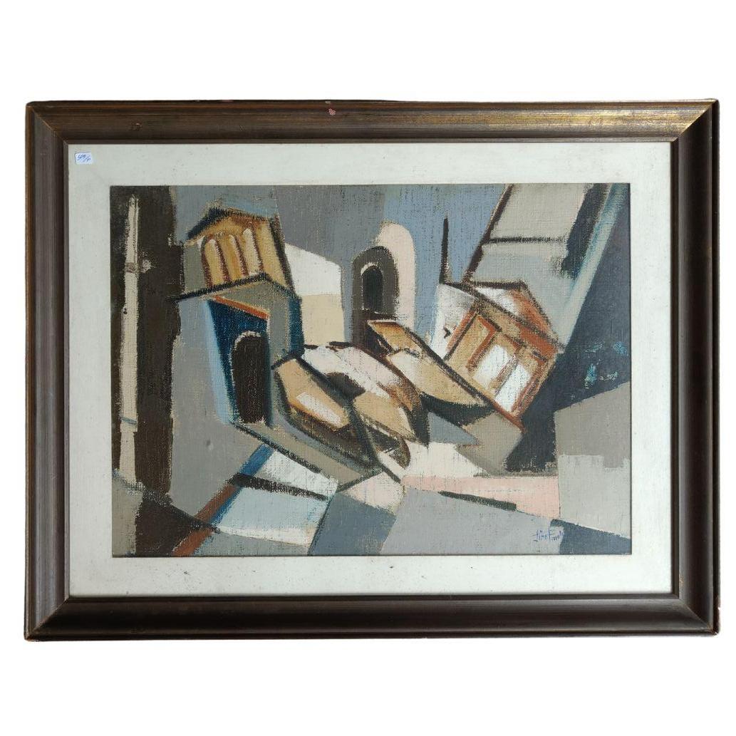Lino Piccoli, olio su tela, Scorcio di città, Italia, anni '60/'70 For Sale 5