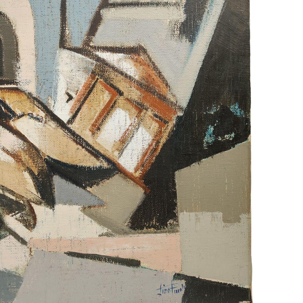 Oiled Lino Piccoli, olio su tela, Scorcio di città, Italia, anni '60/'70 For Sale