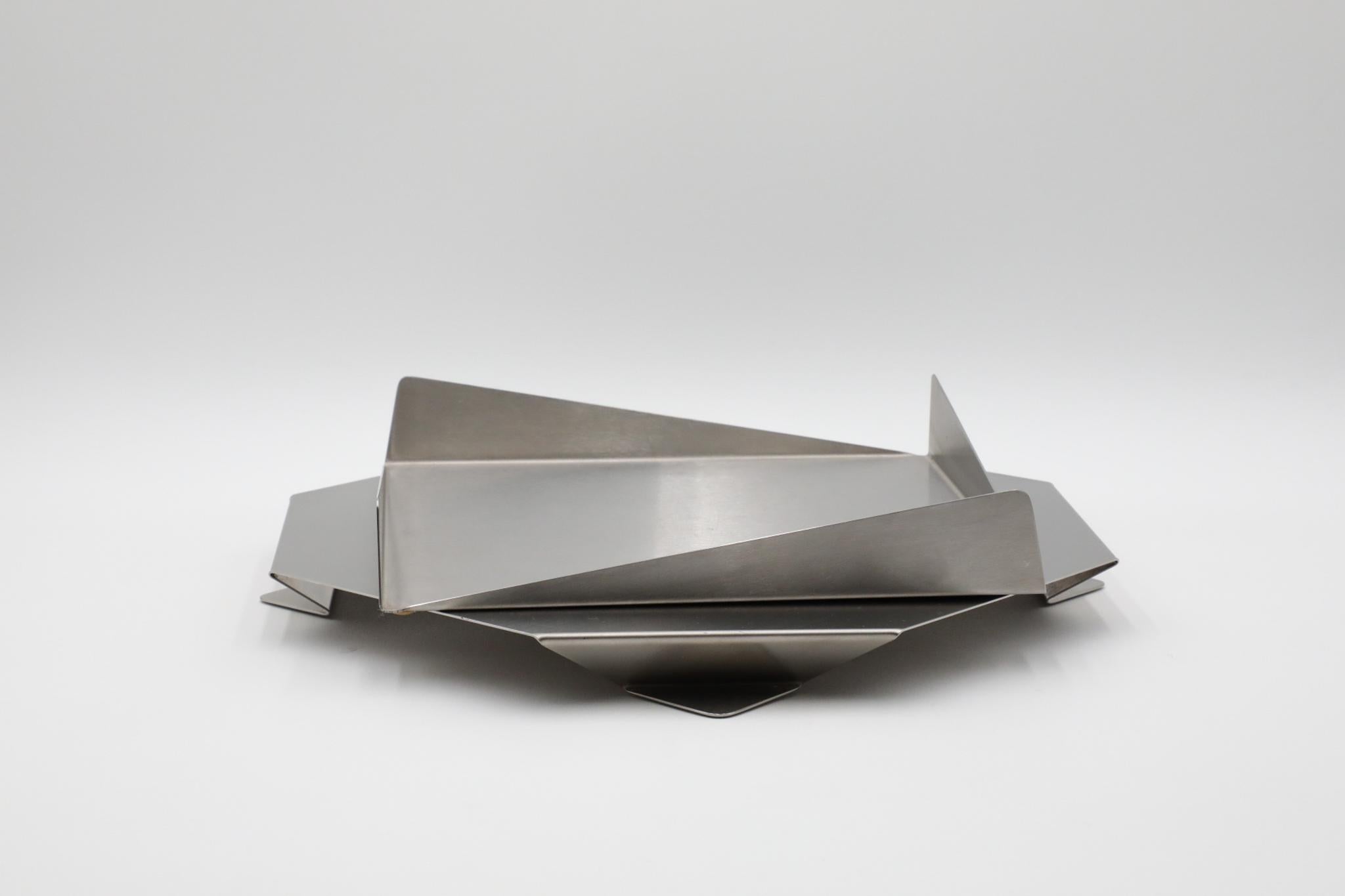 Minimalist Lino Sabattini Style Folded Brushed Steel Modernist Serving Set, 1970s For Sale